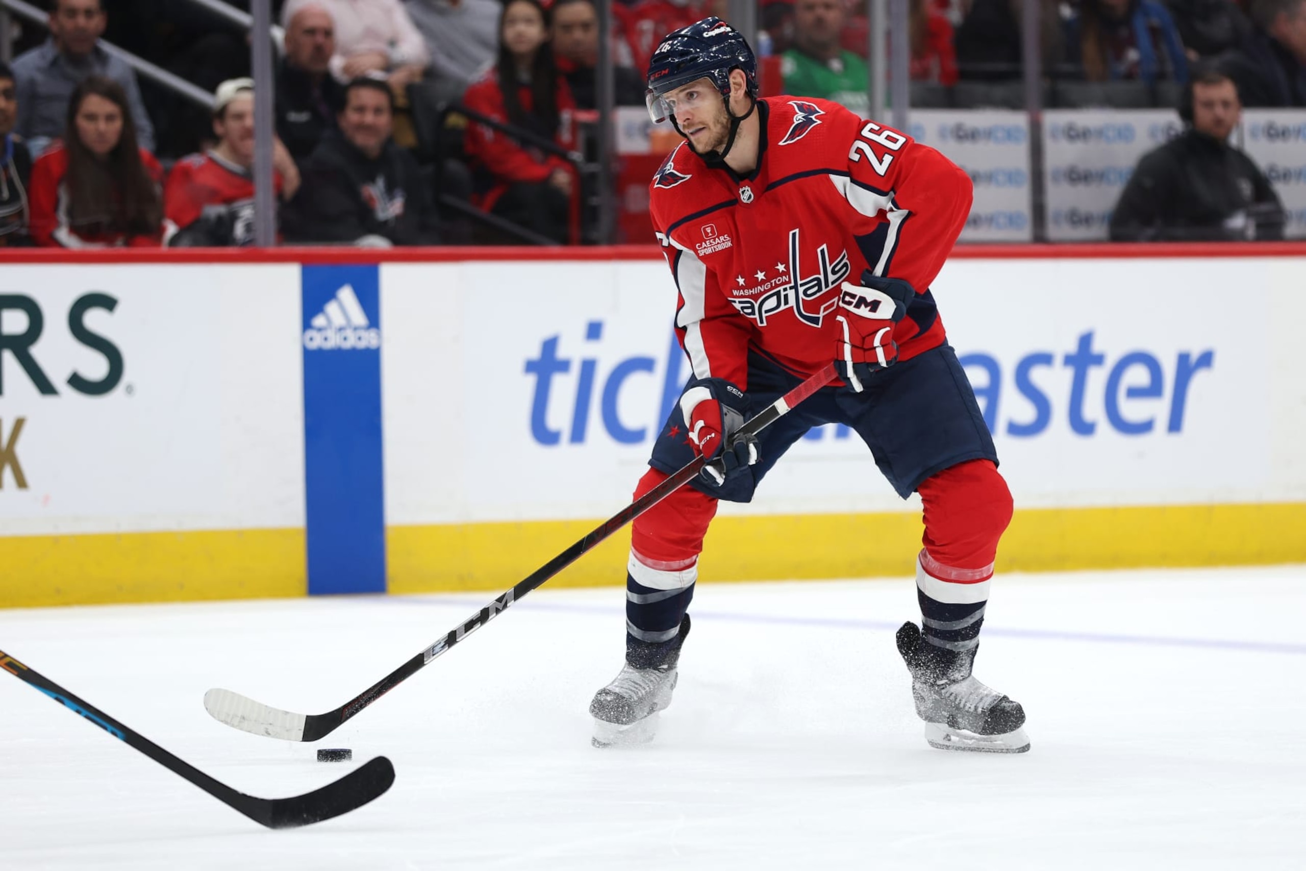 WASHINGTON, DC - FEBRUARY 13: Nic Dowd #26 of the Washington Capitals skates against the Colorado Avalanche during the third period at Capital One Arena on February 13, 2024 in Washington, DC. (Photo by Patrick Smith/Getty Images)