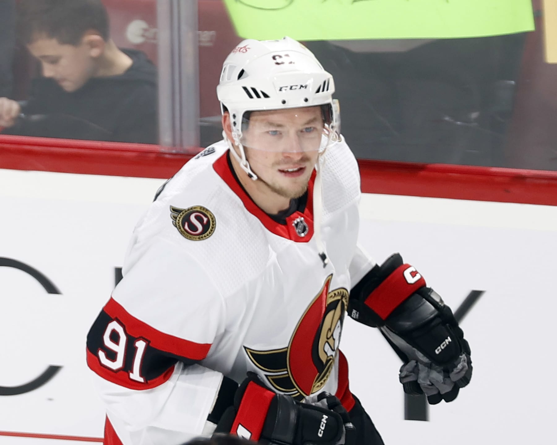 SUNRISE, FL - FEBRUARY 20: Vladimir Tarasenko #91 of the Ottawa Senators warms up prior to the game against the Florida Panthers at the Amerant Bank Arena on February 20, 2024 in Sunrise, Florida. (Photo by Joel Auerbach/Getty Images)