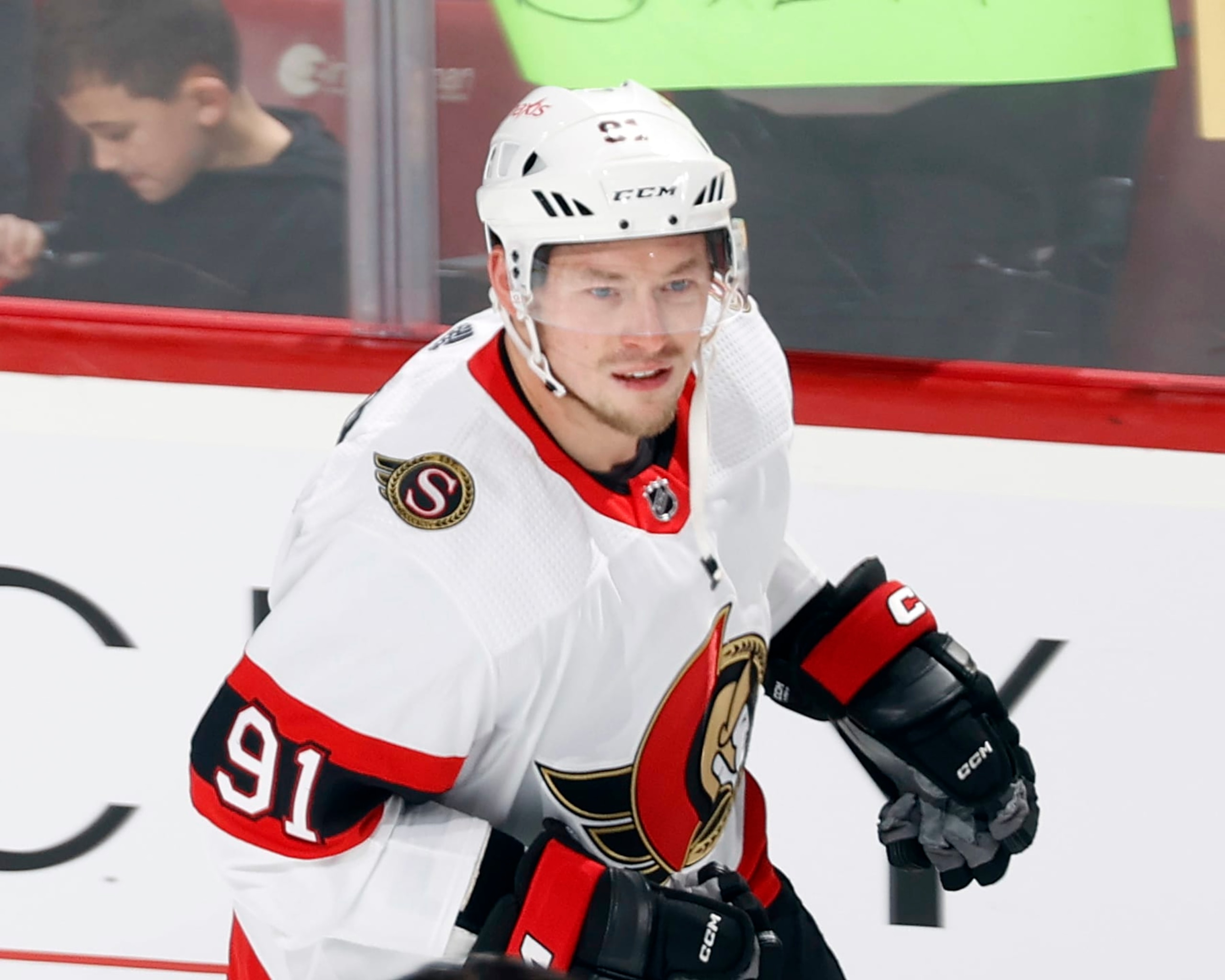 SUNRISE, FL - FEBRUARY 20: Vladimir Tarasenko #91 of the Ottawa Senators warms up prior to the game against the Florida Panthers at the Amerant Bank Arena on February 20, 2024 in Sunrise, Florida. (Photo by Joel Auerbach/Getty Images)