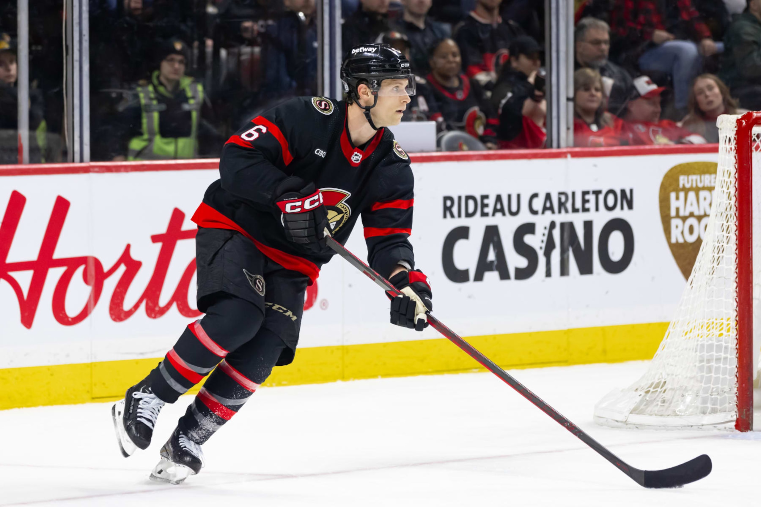 OTTAWA, ON - FEBRUARY 13: Ottawa Senators Defenceman Jakob Chychrun (6) skates with the puck during second period National Hockey League action between the Columbus Blue Jackets and Ottawa Senators on February 13, 2024, at Canadian Tire Centre in Ottawa, ON, Canada. (Photo by Richard A. Whittaker/Icon Sportswire via Getty Images)