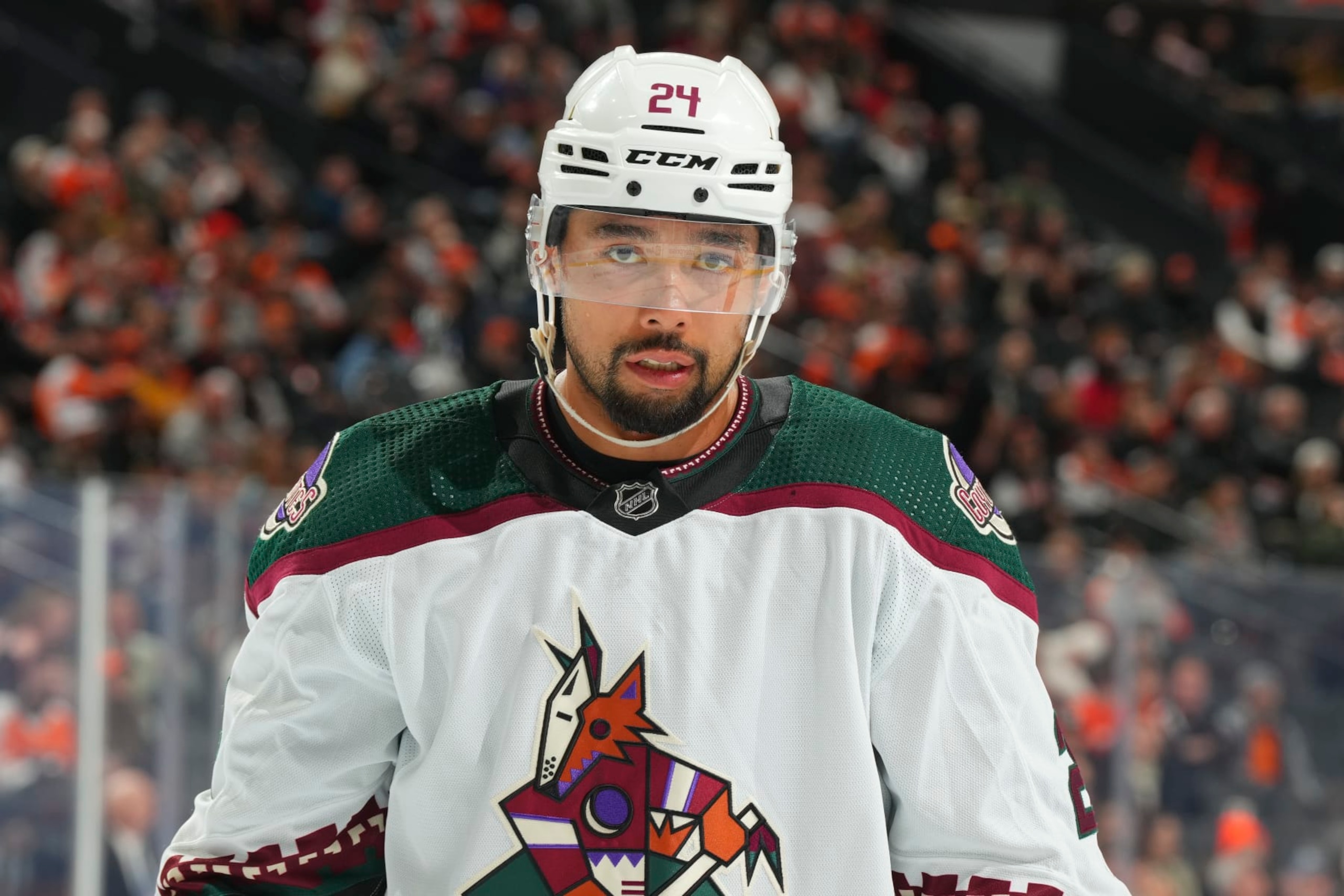 PHILADELPHIA, PENNSYLVANIA - FEBRUARY 12: Matt Dumba #24 of the Arizona Coyotes looks on against the Philadelphia Flyers at the Wells Fargo Center on February 12, 2024 in Philadelphia, Pennsylvania. The Flyers defeated the Coyotes 5-3. (Photo by Mitchell Leff/Getty Images)