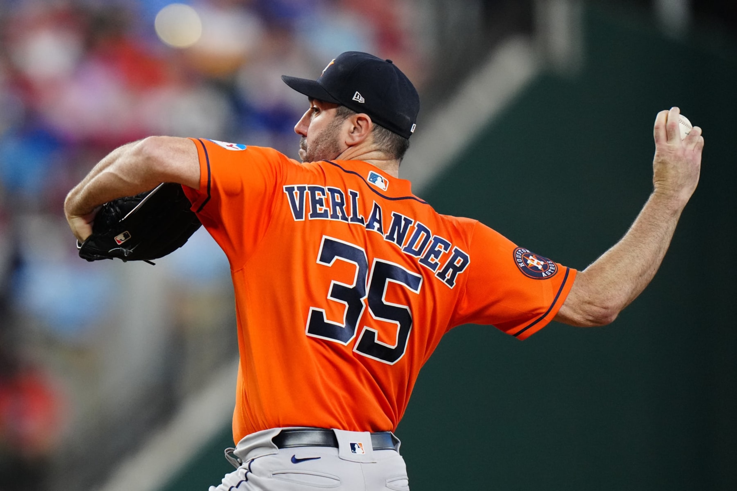 ARLINGTON, TX - OCTOBER 20: Justin Verlander #35 of the Houston Astros pitches during Game 5 of the ALCS between the Houston Astros and the Texas Rangers at Globe Life Field on Friday, October 20, 2023 in Arlington, Texas. (Photo by Daniel Shirey/MLB Photos via Getty Images) ARLINGTON, TX - OCTOBER 20: Justin Verlander #35 of the Houston Astros pitches during Game 5 of the ALCS between the Houston Astros and the Texas Rangers at Globe Life Field on Friday, October 20, 2023 in Arlington, Texas. (Photo by Daniel Shirey/MLB Photos via Getty Images)