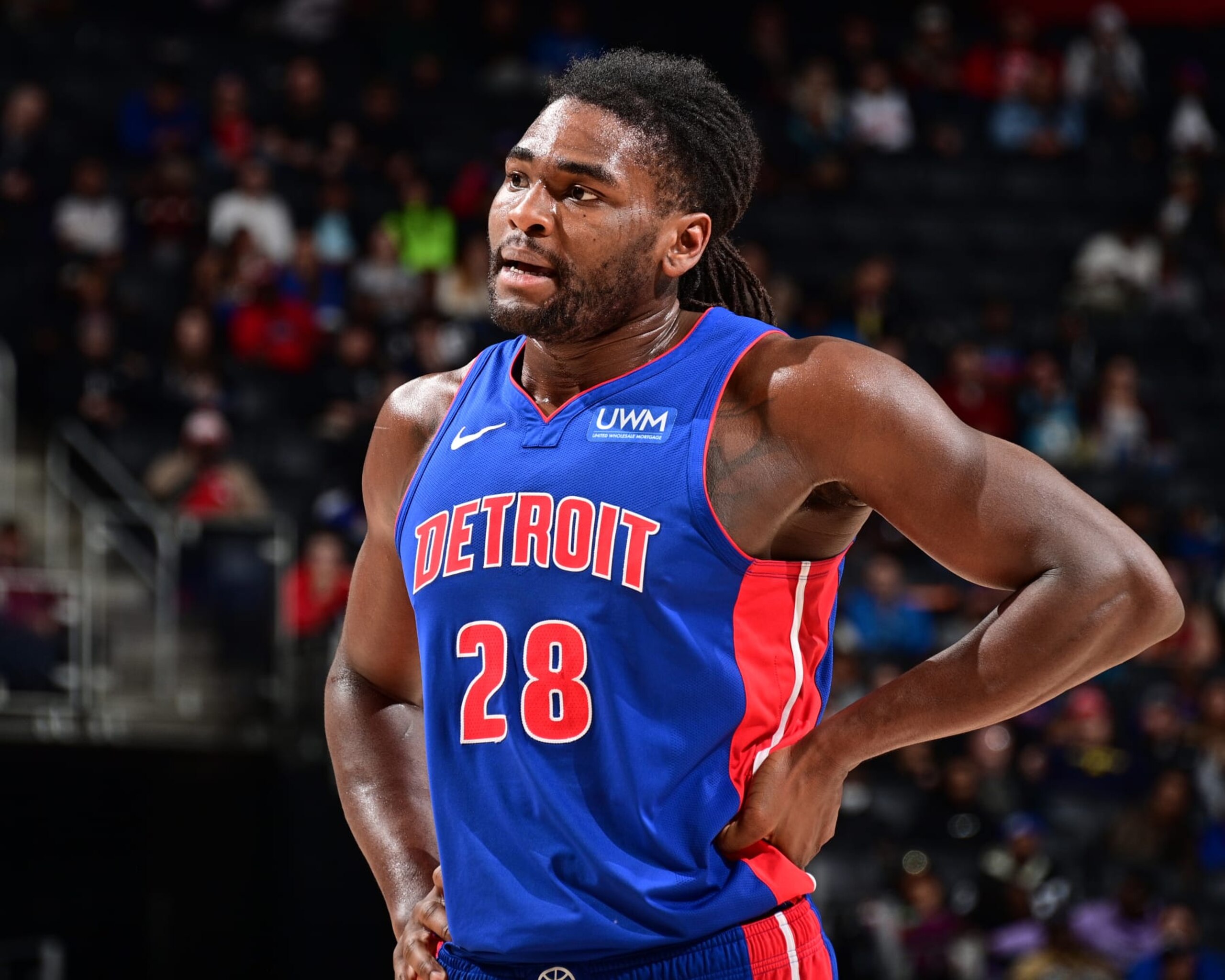 DETROIT, MI - DECEMBER 6: Isaiah Stewart #28 of the Detroit Pistons looks on during the game  on December 6, 2023 at Little Caesars Arena in Detroit, Michigan. NOTE TO USER: User expressly acknowledges and agrees that, by downloading and/or using this photograph, User is consenting to the terms and conditions of the Getty Images License Agreement. Mandatory Copyright Notice: Copyright 2023 NBAE (Photo by Chris Schwegler/NBAE via Getty Images)