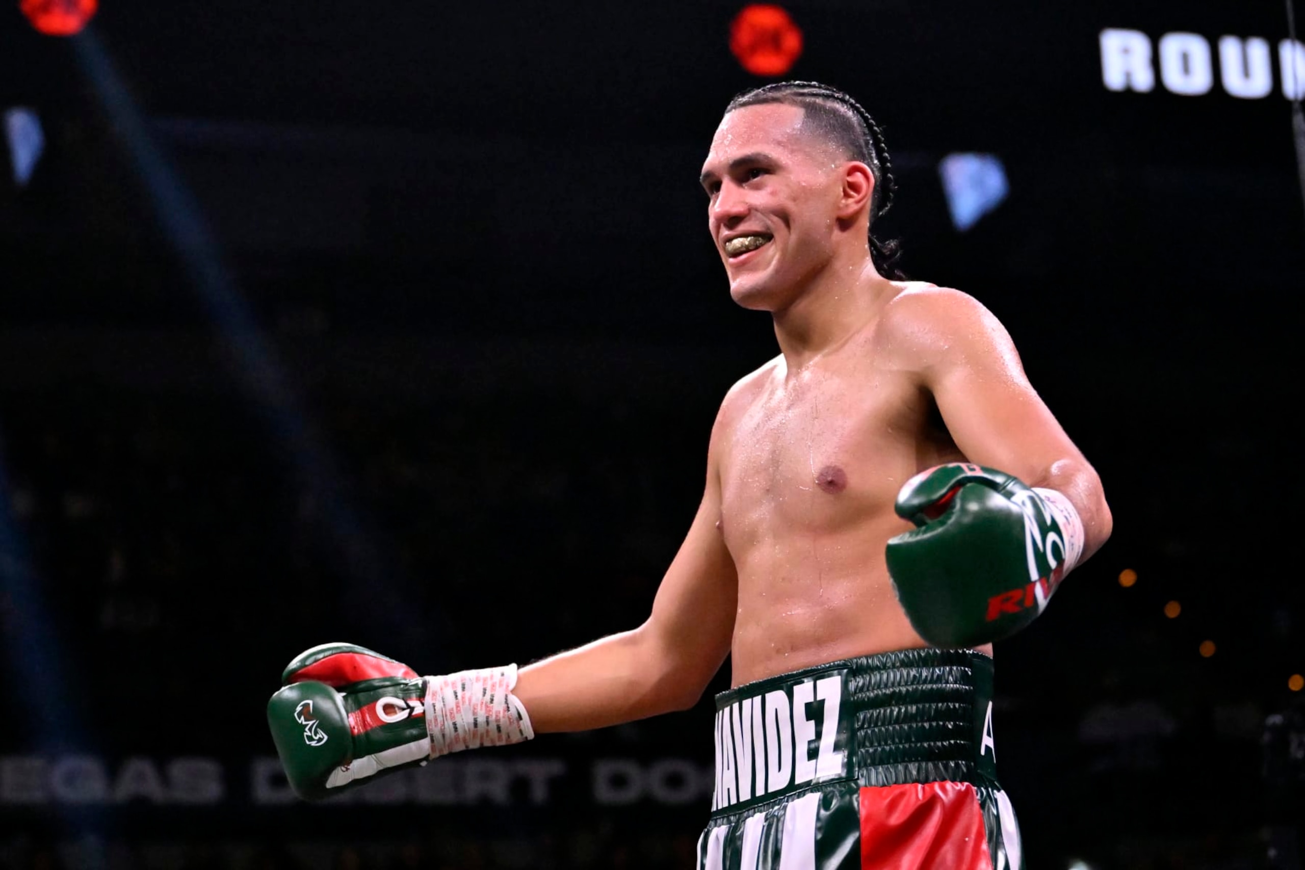 LAS VEGAS, NEVADA - NOVEMBER 25: David Benavidez looks on during a WBC super middleweight title fight against Demetrius Andrade at Michelob ULTRA Arena on November 25, 2023 in Las Vegas, Nevada. Benavidez retained his title with a TKO. (Photo by David Becker/Getty Images)