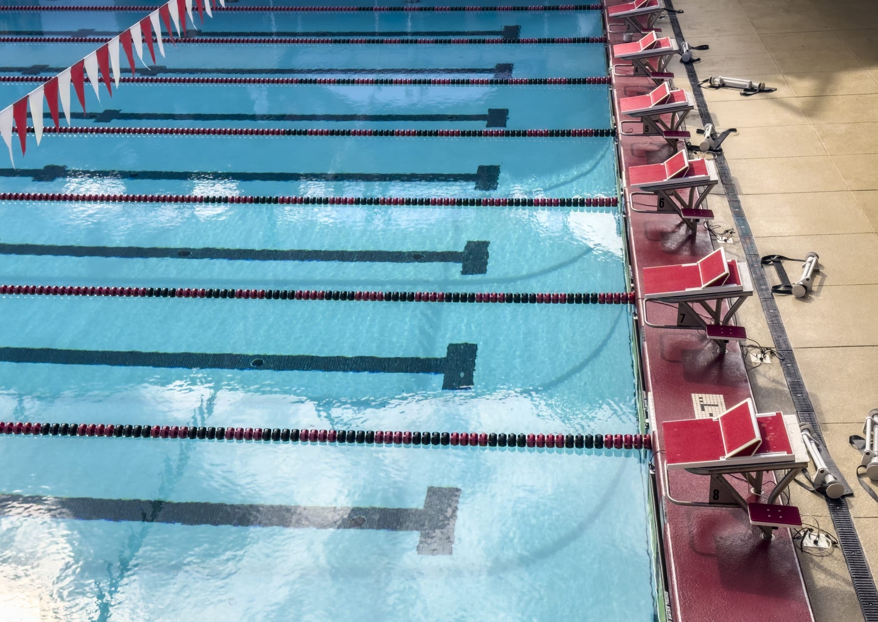 PALO ALTO, CA - JANUARY 11:  A detail view of the pool including the staring blocks at Avery Aquatic Center at Stanford University after a women's swim meet between the Stanford Cardinal and the California Golden Bears on January 11, 2023 in Palo Alto, California.  (Photo by David Madison/Getty Images)