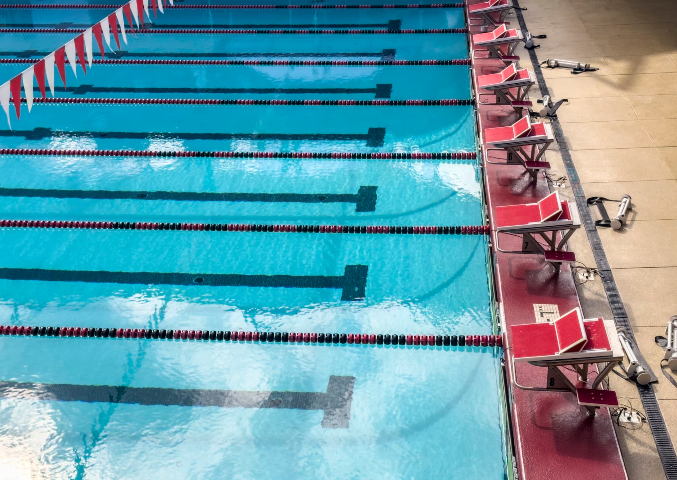 PALO ALTO, CA - JANUARY 11:  A detail view of the pool including the staring blocks at Avery Aquatic Center at Stanford University after a women's swim meet between the Stanford Cardinal and the California Golden Bears on January 11, 2023 in Palo Alto, California.  (Photo by David Madison/Getty Images)