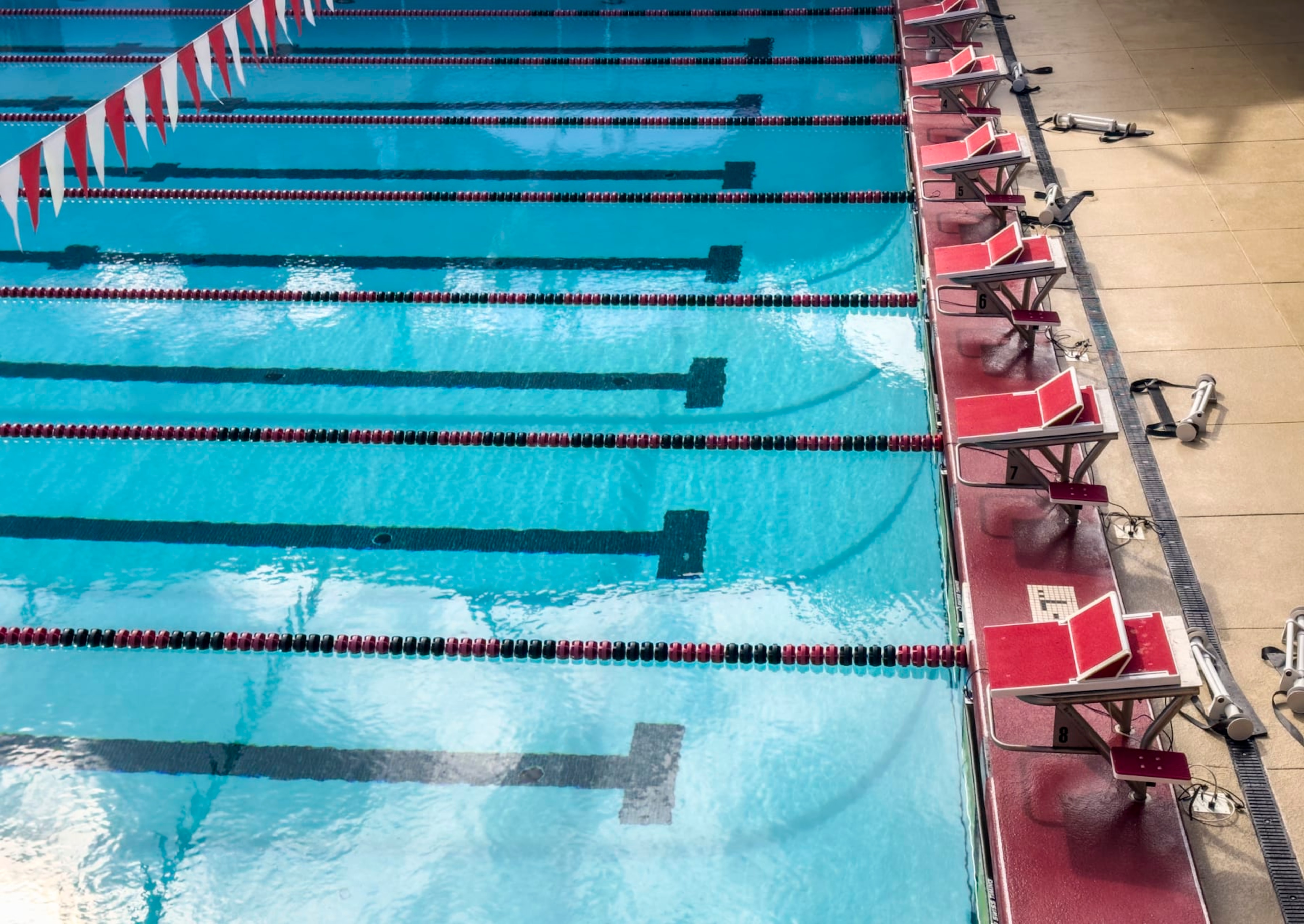 PALO ALTO, CA - JANUARY 11:  A detail view of the pool including the staring blocks at Avery Aquatic Center at Stanford University after a women's swim meet between the Stanford Cardinal and the California Golden Bears on January 11, 2023 in Palo Alto, California.  (Photo by David Madison/Getty Images)