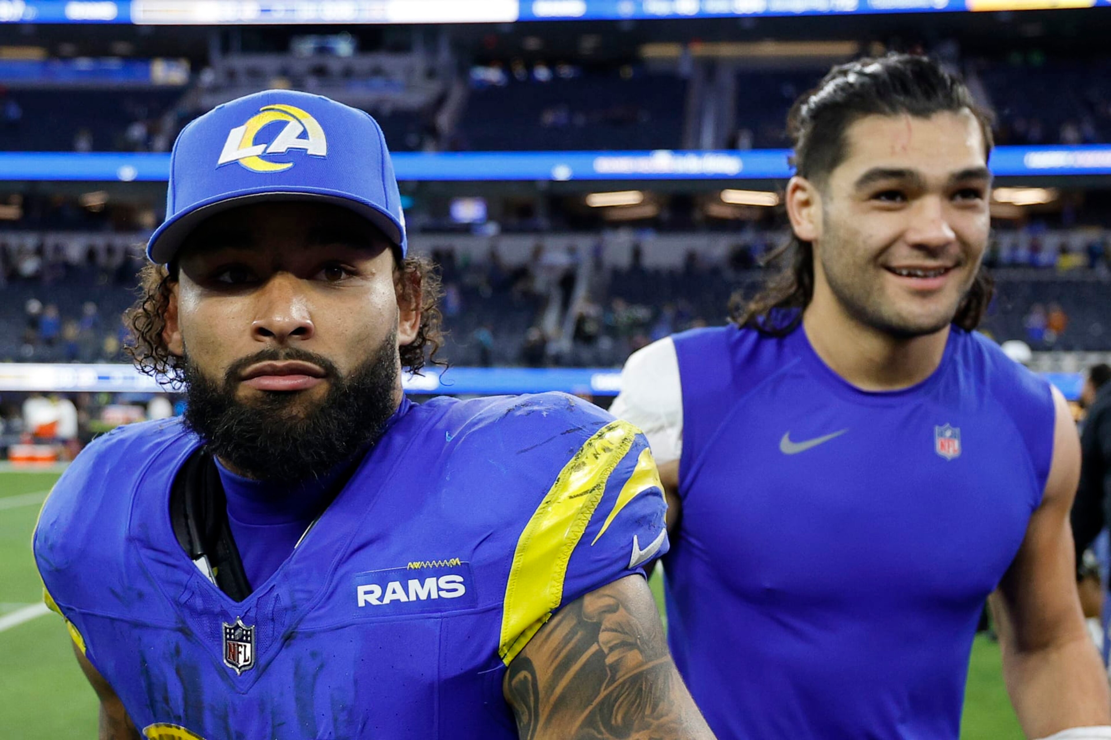 INGLEWOOD, CALIFORNIA - DECEMBER 21: Kyren Williams #23 and Puka Nacua #17 of the Los Angeles Rams celebrate after defeating the New Orleans Saints in the game at SoFi Stadium on December 21, 2023 in Inglewood, California. (Photo by Kevork Djansezian/Getty Images) INGLEWOOD, CALIFORNIA - DECEMBER 21: Kyren Williams #23 and Puka Nacua #17 of the Los Angeles Rams celebrate after defeating the New Orleans Saints in the game at SoFi Stadium on December 21, 2023 in Inglewood, California. (Photo by Kevork Djansezian/Getty Images)