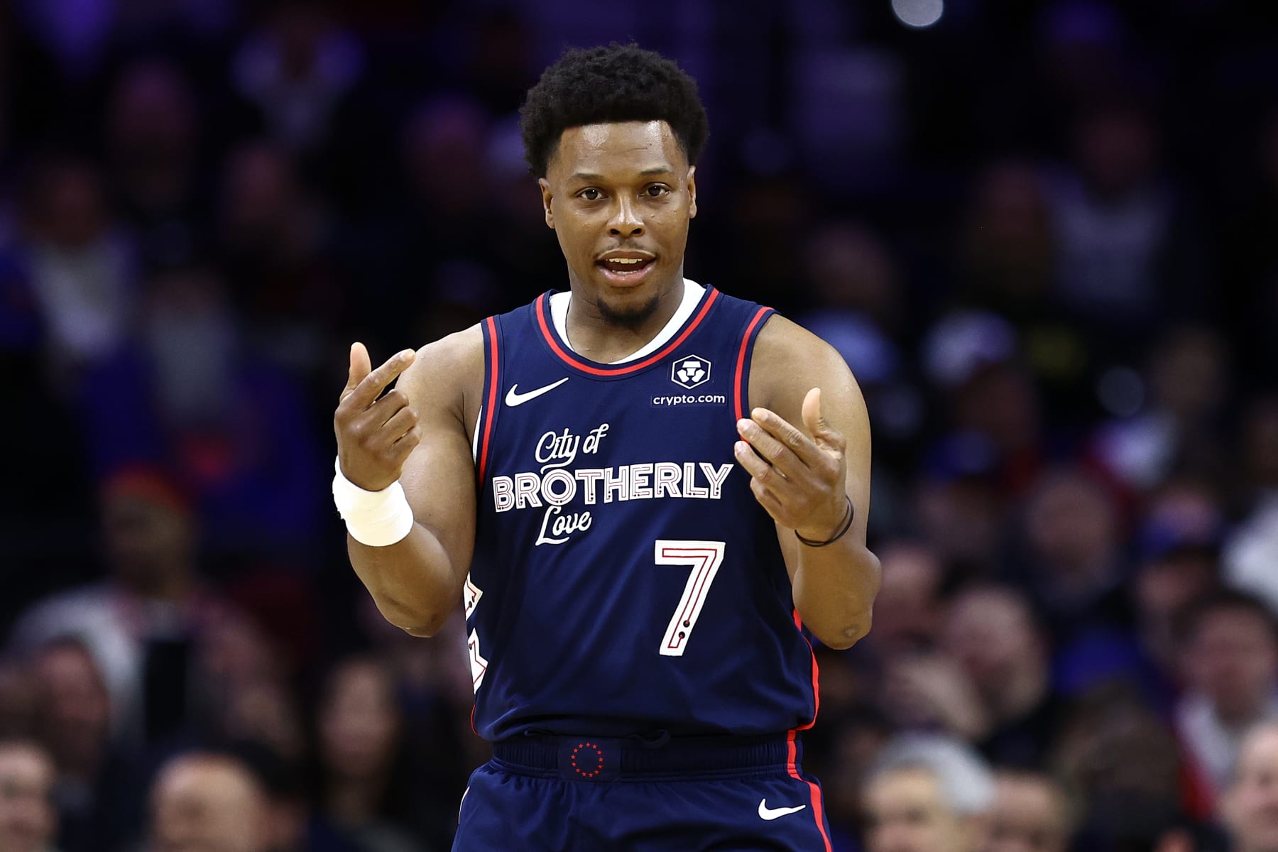 PHILADELPHIA, PENNSYLVANIA - FEBRUARY 22: Kyle Lowry #7 of the Philadelphia 76ers reacts during the first quarter against the New York Knicks at the Wells Fargo Center on February 22, 2024 in Philadelphia, Pennsylvania. (Photo by Tim Nwachukwu/Getty Images)