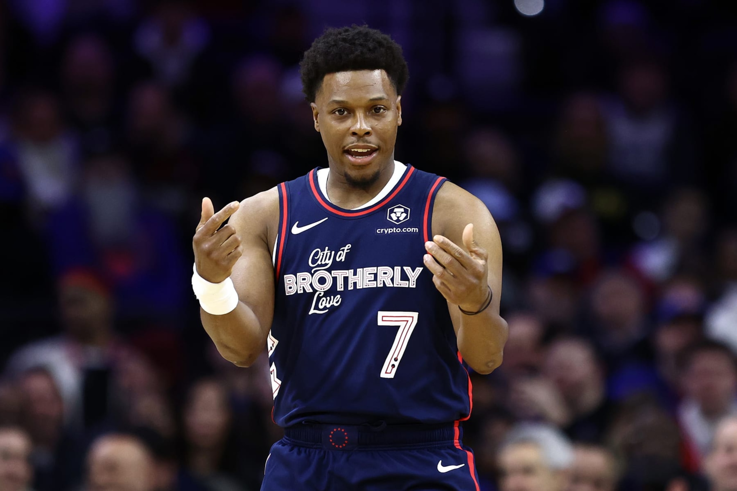 PHILADELPHIA, PENNSYLVANIA - FEBRUARY 22: Kyle Lowry #7 of the Philadelphia 76ers reacts during the first quarter against the New York Knicks at the Wells Fargo Center on February 22, 2024 in Philadelphia, Pennsylvania. (Photo by Tim Nwachukwu/Getty Images)