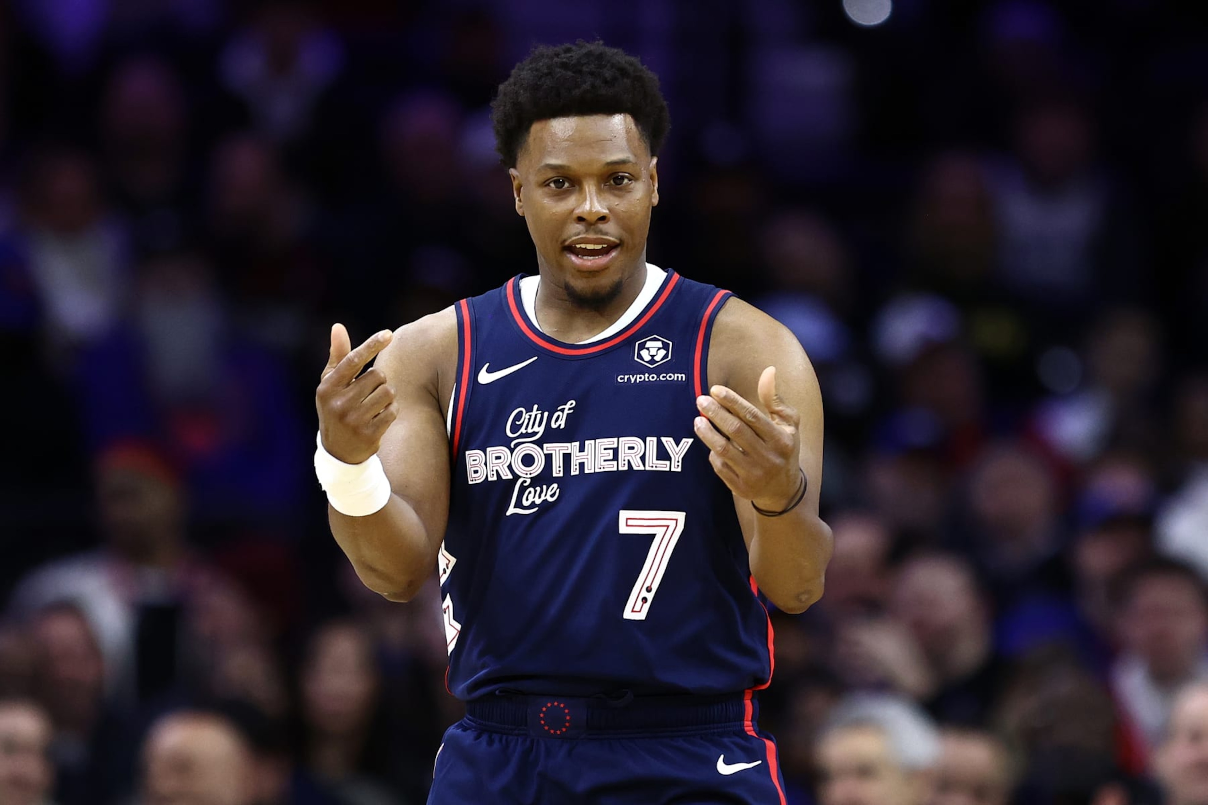 PHILADELPHIA, PENNSYLVANIA - FEBRUARY 22: Kyle Lowry #7 of the Philadelphia 76ers reacts during the first quarter against the New York Knicks at the Wells Fargo Center on February 22, 2024 in Philadelphia, Pennsylvania. (Photo by Tim Nwachukwu/Getty Images)