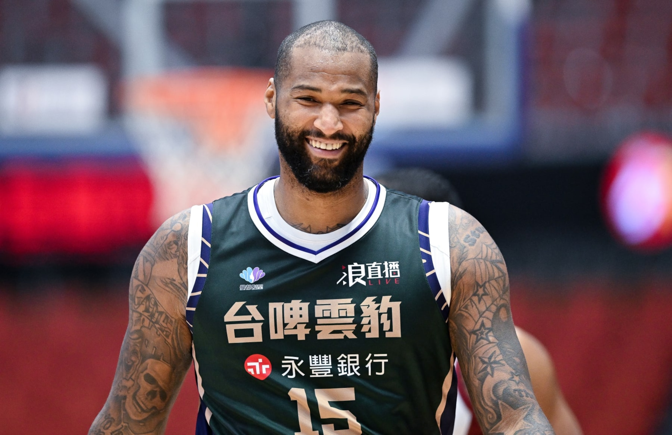 TAOYUAN, TAIWAN - JANUARY 28: Center DeMarcus Cousins #15 of Taiwan Beer Leopards reacts during the T1 League game between Tainan TSG Ghost Hawks and Taiwan Beer Leopards at Taoyuan City Stadium on January 28, 2024 in Taoyuan, Taiwan. (Photo by Gene Wang/Getty Images)