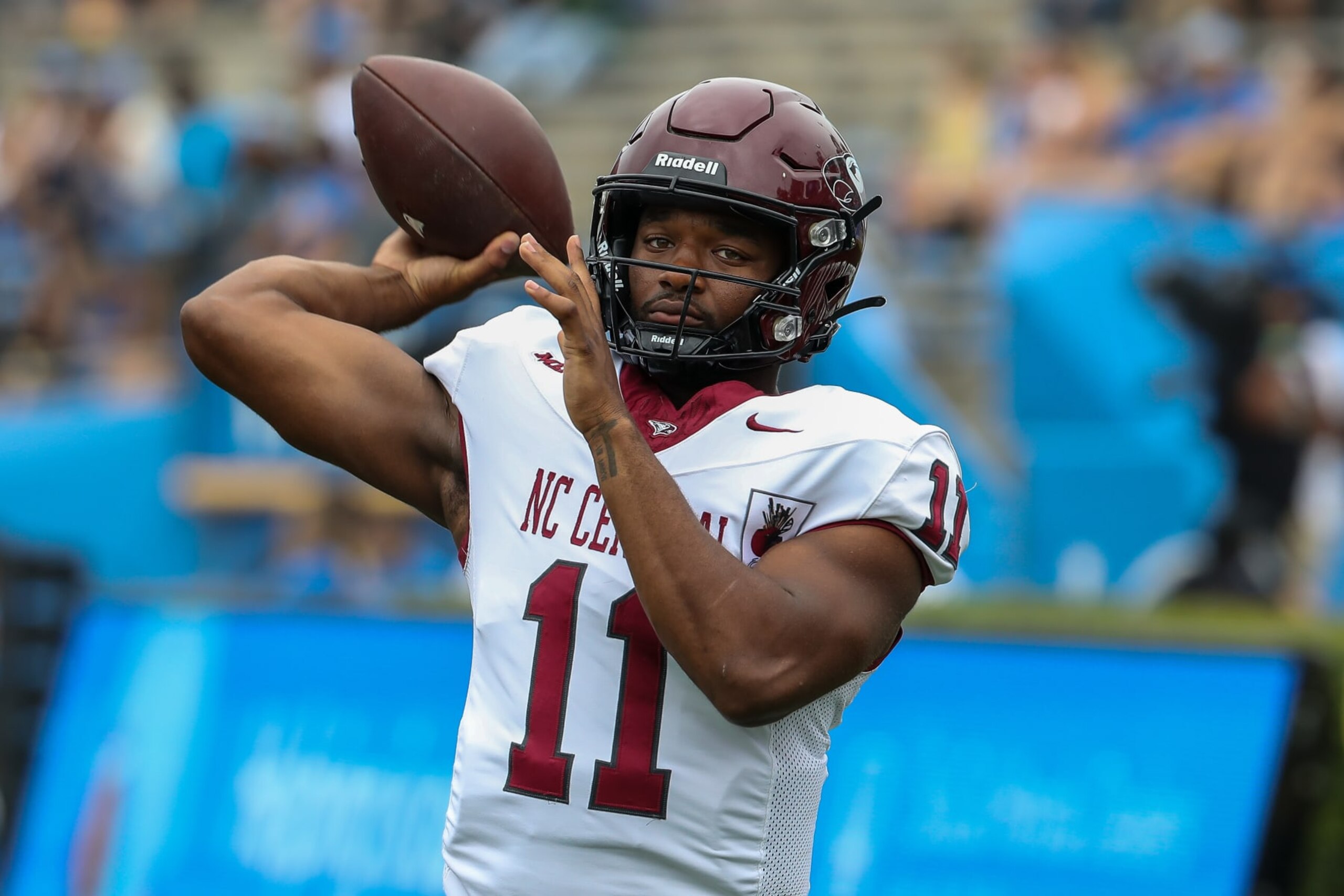 PASADENA, CA - SEPTEMBER 16: North Carolina Central Eagles quarterback Davius Richard #11 during a college football game between the North Carolina Central Eagles and the UCLA Bruins on September 16, 2023, at the Rose Bowl in Pasadena, CA.(Photo by Jevone Moore/Icon Sportswire via Getty Images)