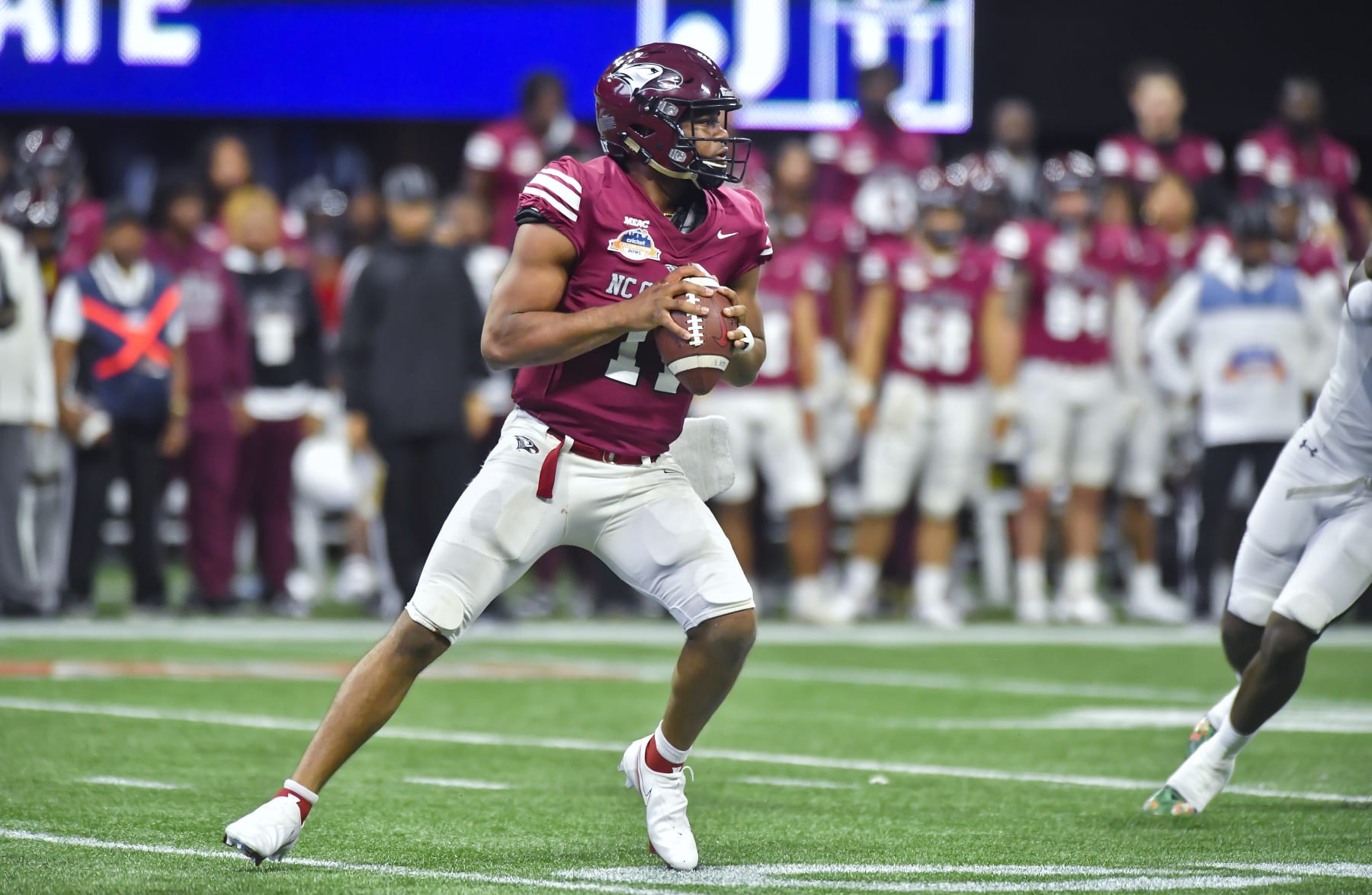 ATLANTA, GA - DECEMBER 17: North Carolina Central Eagles quarterback Davius Richard examines the field during the fourth quarter of the college football Cricket Celebration Bowl between the North Carolina Central Eagles and Jackson State Tigers on Saturday, December 17, 2022 at Mercedes-Benz Stadium in Atlanta, GA. (Photo by Austin McAfee/Icon Sportswire via Getty Images)