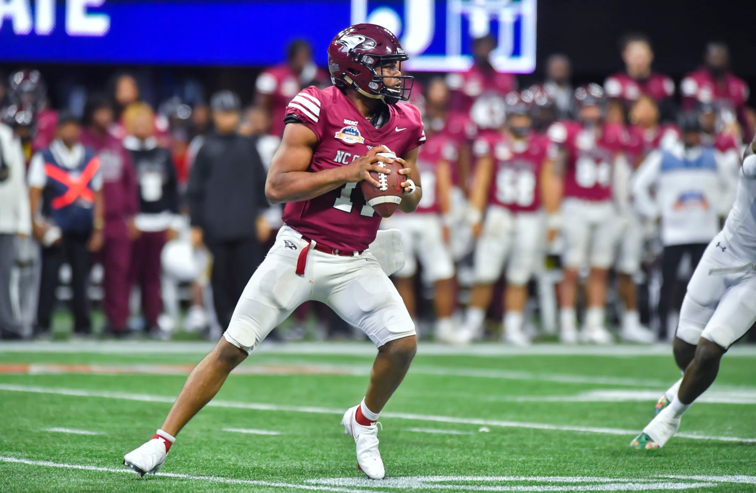 ATLANTA, GA - DECEMBER 17: North Carolina Central Eagles quarterback Davius Richard examines the field during the fourth quarter of the college football Cricket Celebration Bowl between the North Carolina Central Eagles and Jackson State Tigers on Saturday, December 17, 2022 at Mercedes-Benz Stadium in Atlanta, GA. (Photo by Austin McAfee/Icon Sportswire via Getty Images)