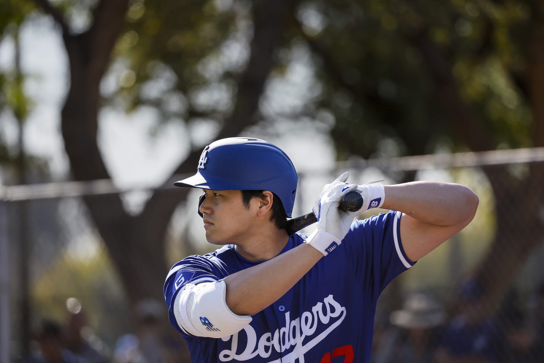 Goodyear, Arizona, Thursday, February 15, 2024 - Dodgers DH Shohei Ohtani stands in the batter's box during a practice session for pitcher Emmet Sheehan during day two of spring training at Camelback Ranch.   (Robert Gauthier/Los Angeles Times via Getty Images)