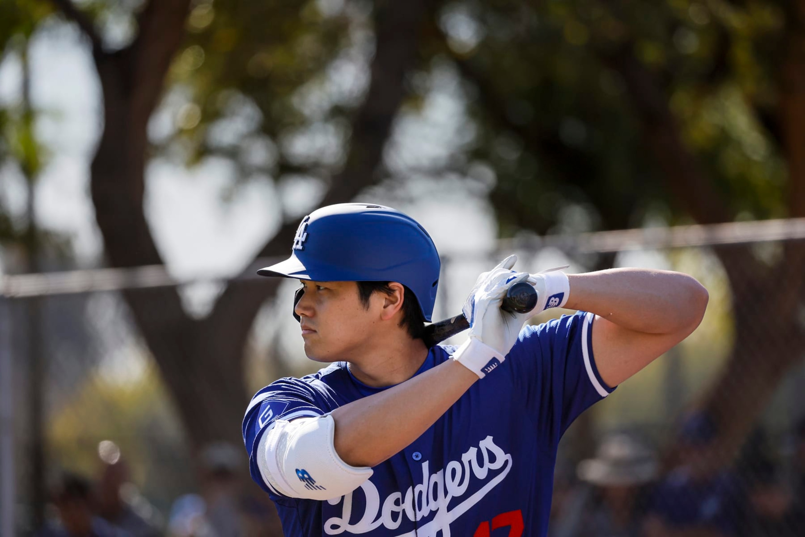 Goodyear, Arizona, Thursday, February 15, 2024 - Dodgers DH Shohei Ohtani stands in the batter's box during a practice session for pitcher Emmet Sheehan during day two of spring training at Camelback Ranch. (Robert Gauthier/Los Angeles Times via Getty Images) Goodyear, Arizona, Thursday, February 15, 2024 - Dodgers DH Shohei Ohtani stands in the batter's box during a practice session for pitcher Emmet Sheehan during day two of spring training at Camelback Ranch. (Robert Gauthier/Los Angeles Times via Getty Images)