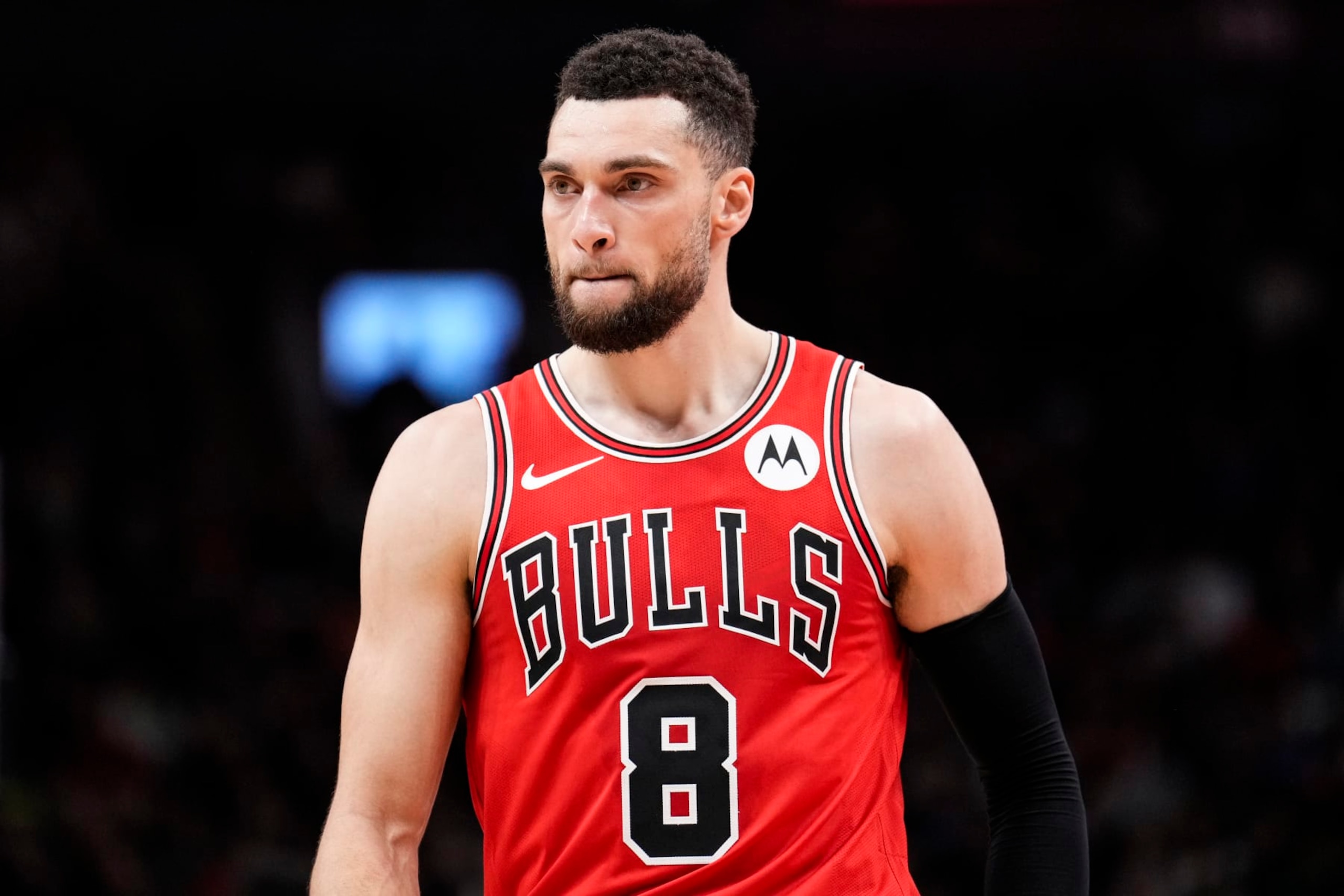 TORONTO, ON - JANUARY 18: Zach LaVine #8 of the Chicago Bulls looks on against the Toronto Raptors during the first half of their basketball game at the Scotiabank Arena on January 18, 2024 in Toronto, Ontario, Canada. NOTE TO USER: User expressly acknowledges and agrees that, by downloading and/or using this Photograph, user is consenting to the terms and conditions of the Getty Images License Agreement. (Photo by Mark Blinch/Getty Images) TORONTO, ON - JANUARY 18: Zach LaVine #8 of the Chicago Bulls looks on against the Toronto Raptors during the first half of their basketball game at the Scotiabank Arena on January 18, 2024 in Toronto, Ontario, Canada. NOTE TO USER: User expressly acknowledges and agrees that, by downloading and/or using this Photograph, user is consenting to the terms and conditions of the Getty Images License Agreement. (Photo by Mark Blinch/Getty Images)