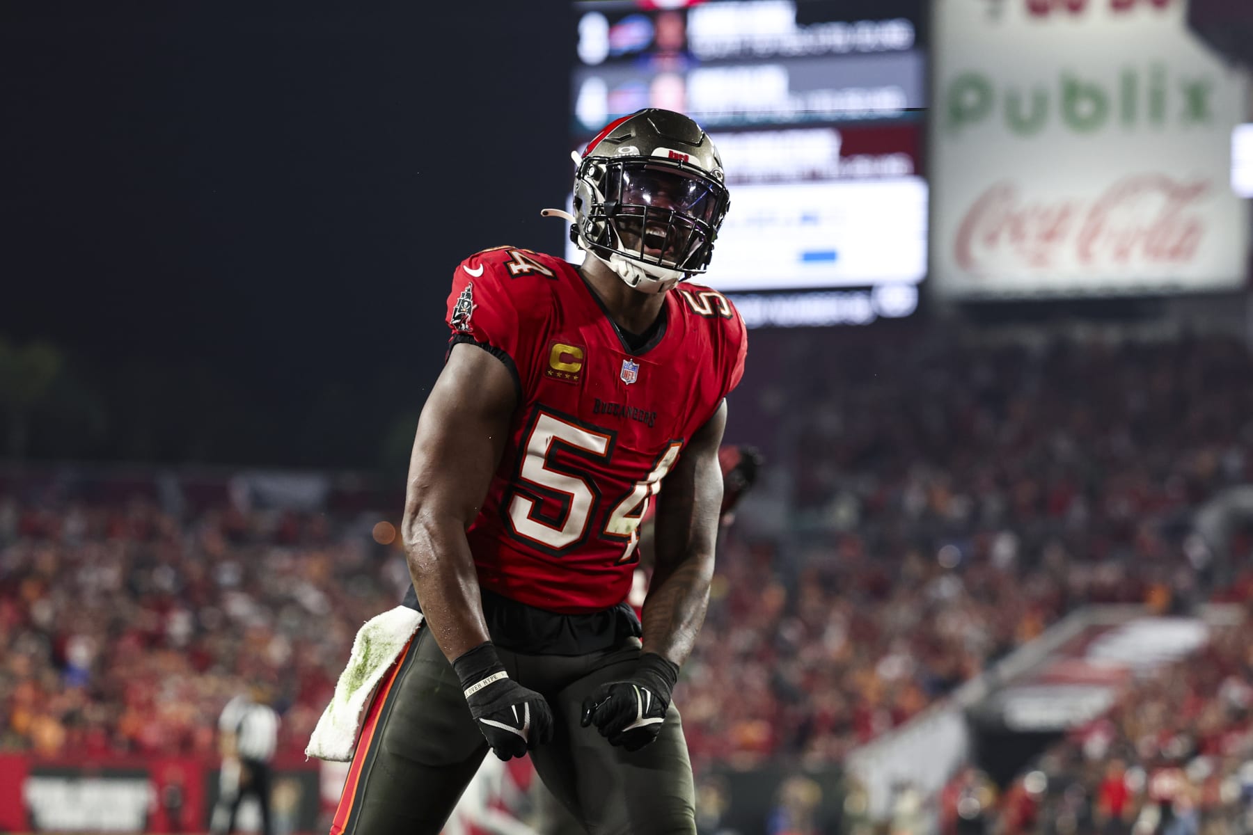 TAMPA, FL - JANUARY 15: Lavonte David #54 of the Tampa Bay Buccaneers celebrates during an NFL Wild Card playoff football game against the Philadelphia Eagles at Raymond James Stadium on January 15, 2024 in Tampa, Florida. (Photo by Perry Knotts/Getty Images)