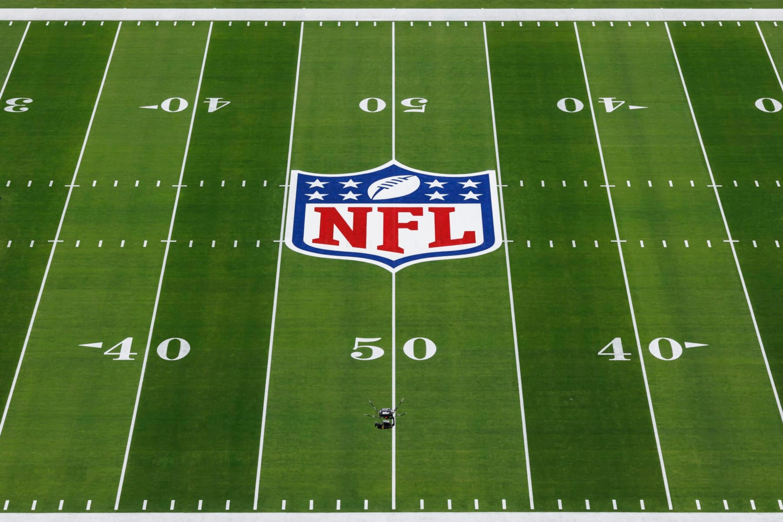 LAS VEGAS, NEVADA - FEBRUARY 11: A detail view of the NFL shield logo painted on the field before the NFL Super Bowl LVIII football game between the Kansas City Chiefs and San Francisco 49ers at Allegiant Stadium on February 11, 2024 in Las Vegas, Nevada. (Photo by Ryan Kang/Getty Images) LAS VEGAS, NEVADA - FEBRUARY 11: A detail view of the NFL shield logo painted on the field before the NFL Super Bowl LVIII football game between the Kansas City Chiefs and San Francisco 49ers at Allegiant Stadium on February 11, 2024 in Las Vegas, Nevada. (Photo by Ryan Kang/Getty Images)