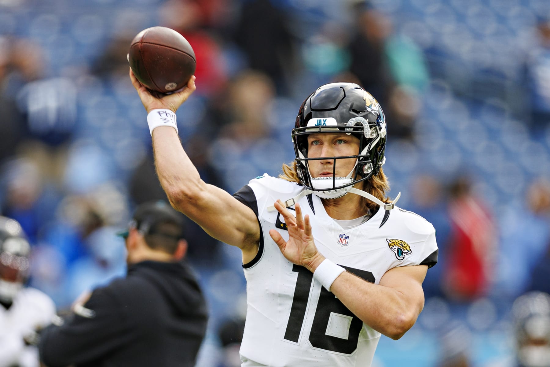 NASHVILLE TENNESSEE - JANUARY 07: Trevor Lawrence #16 of the Jacksonville Jaguars warms up before the game against the Tennessee Titans in Nashville, Tennessee at Nissan Stadium on January 7, 2024 in Houston, Texas. The Titans defeated the Jaguars 28-20.  (Photo by Wesley Hitt/Getty Images)