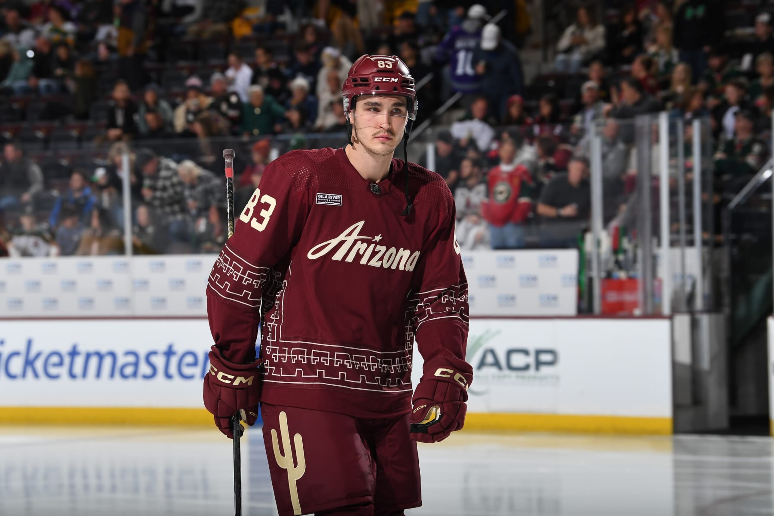 TEMPE, ARIZONA - FEBRUARY 14: Adam Ruzicka #83 of the Arizona Coyotes skates up ice against the Minnesota Wild at Mullett Arena on February 14, 2024 in Tempe, Arizona. (Photo by Norm Hall/NHLI via Getty Images) TEMPE, ARIZONA - FEBRUARY 14: Adam Ruzicka #83 of the Arizona Coyotes skates up ice against the Minnesota Wild at Mullett Arena on February 14, 2024 in Tempe, Arizona. (Photo by Norm Hall/NHLI via Getty Images)