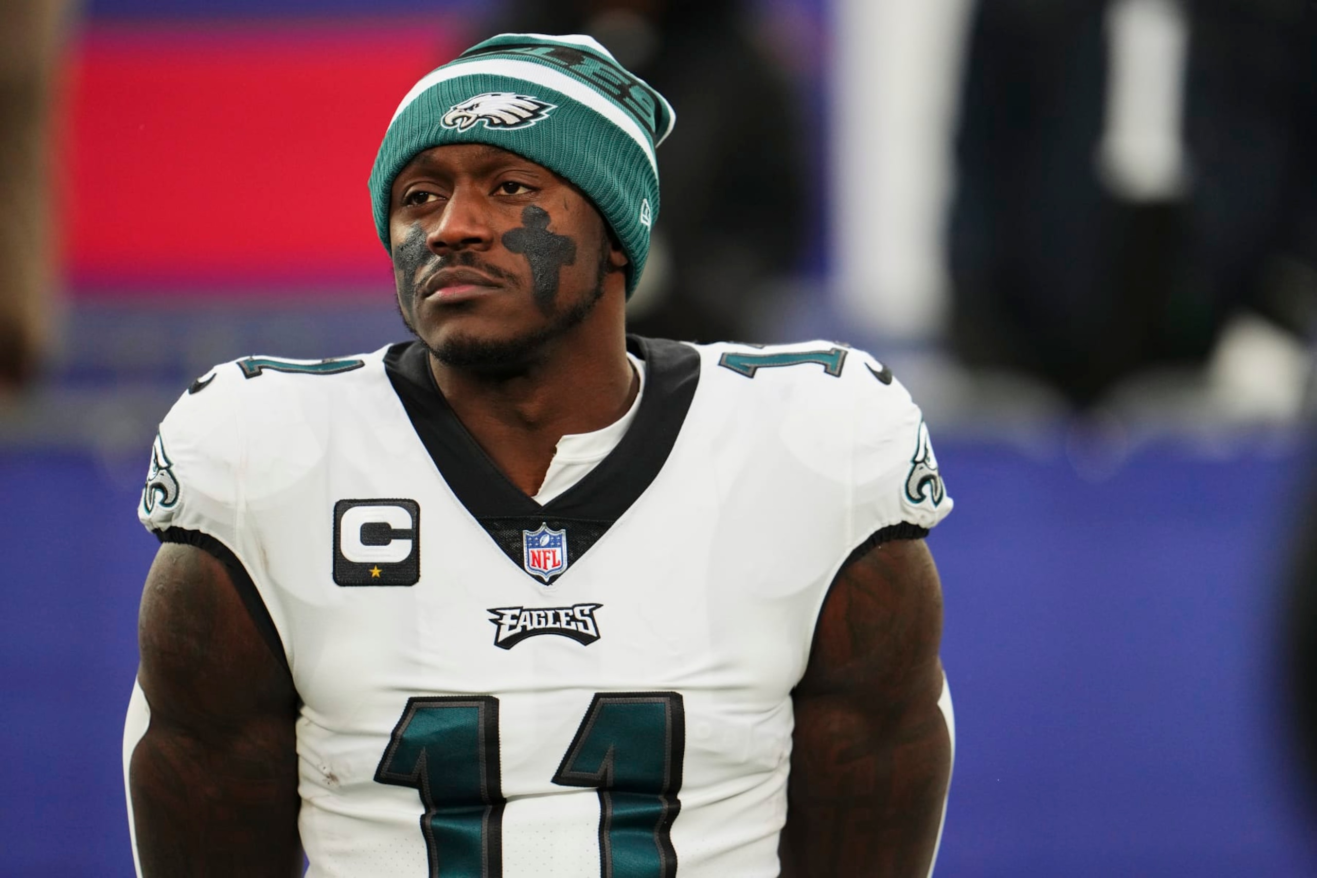 EAST RUTHERFORD, NJ - JANUARY 07: A.J. Brown #11 of the Philadelphia Eagles looks on before kickoff against the New York Giants at MetLife Stadium on January 7, 2024 in East Rutherford, New Jersey. (Photo by Cooper Neill/Getty Images) EAST RUTHERFORD, NJ - JANUARY 07: A.J. Brown #11 of the Philadelphia Eagles looks on before kickoff against the New York Giants at MetLife Stadium on January 7, 2024 in East Rutherford, New Jersey. (Photo by Cooper Neill/Getty Images)