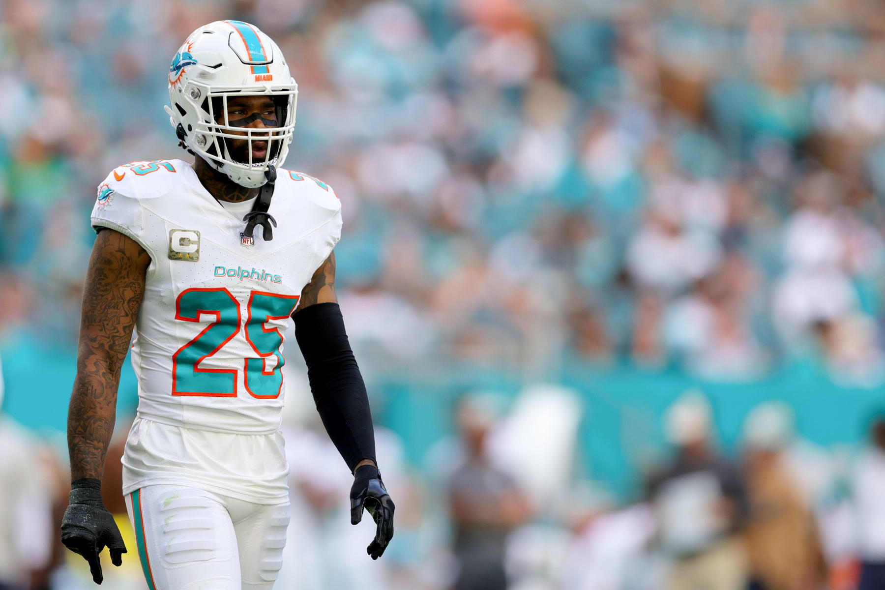 MIAMI GARDENS, FLORIDA - NOVEMBER 19: Xavien Howard #25 of the Miami Dolphins looks on against the Las Vegas Raiders during the first half of the game at Hard Rock Stadium on November 19, 2023 in Miami Gardens, Florida. (Photo by Megan Briggs/Getty Images)