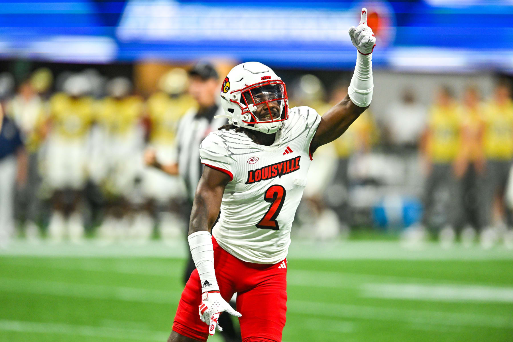 ATLANTA, GA  SEPTEMBER 01:  Louisville defensive back Jarvis Brownlee Jr. (2) reacts during the Aflac Kickoff Game between the Louisville Cardinals and the Georgia Tech Yellow Jackets on September 1st, 2023 at Mercedes-Benz Stadium in Atlanta, GA.  (Photo by Rich von Biberstein/Icon Sportswire via Getty Images)