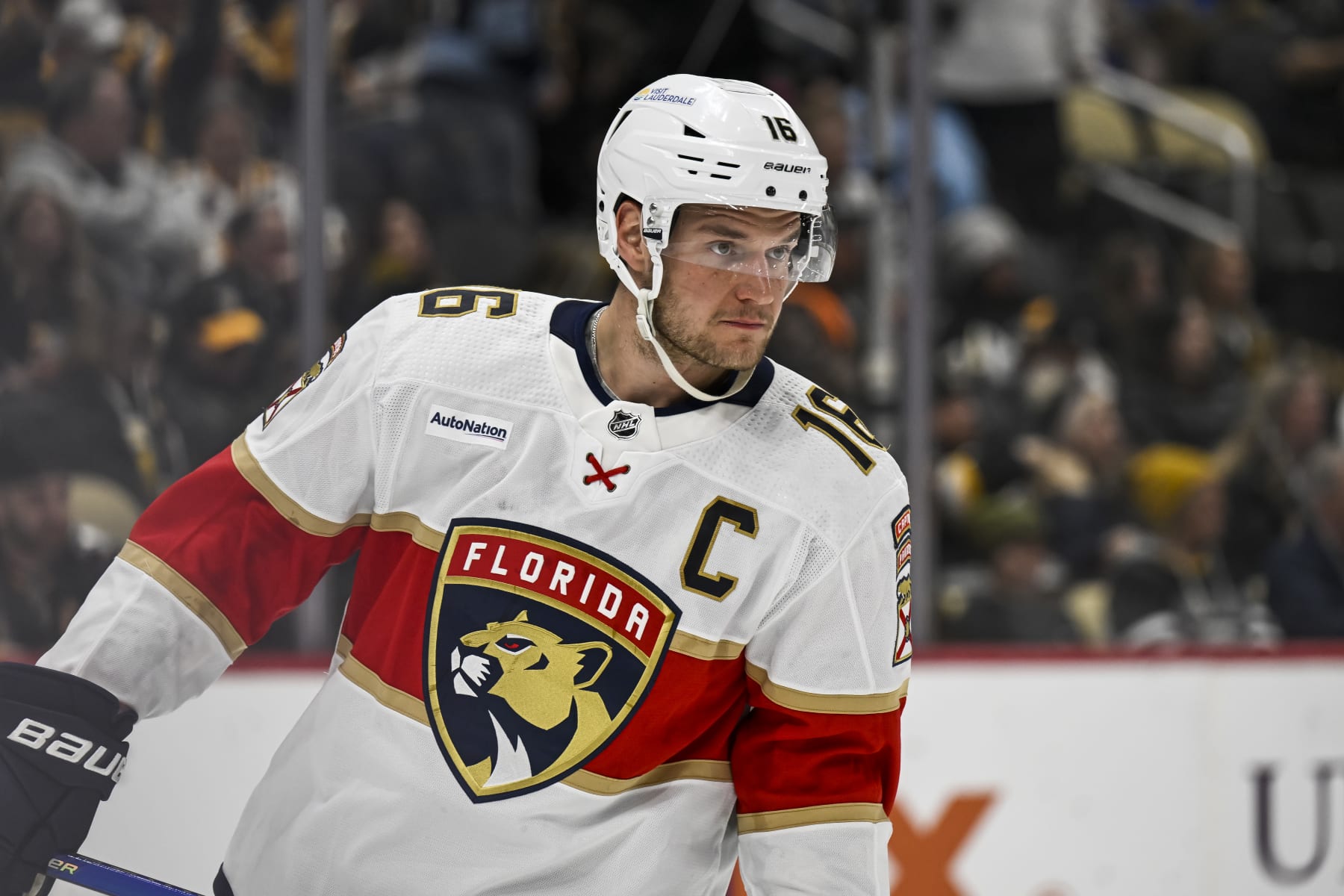 PITTSBURGH, PA - FEBRUARY 14: Florida Panthers center Aleksander Barkov (16) looks on during the second period in the NHL game between the Pittsburgh Penguins and the Florida Panthers on February 14, 2024, at PPG Paints Arena in Pittsburgh, PA. (Photo by Jeanine Leech/Icon Sportswire via Getty Images)