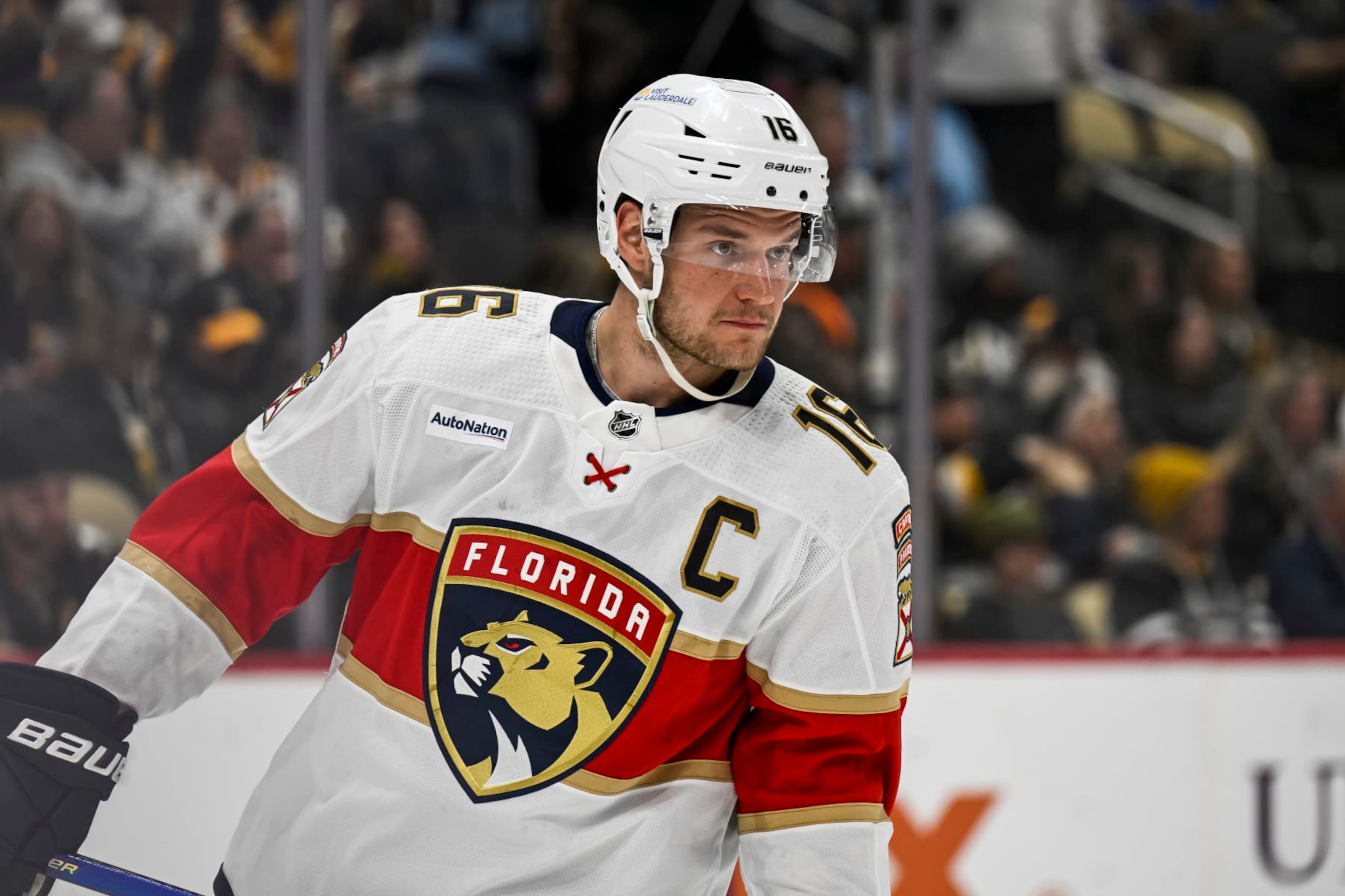 PITTSBURGH, PA - FEBRUARY 14: Florida Panthers center Aleksander Barkov (16) looks on during the second period in the NHL game between the Pittsburgh Penguins and the Florida Panthers on February 14, 2024, at PPG Paints Arena in Pittsburgh, PA. (Photo by Jeanine Leech/Icon Sportswire via Getty Images)