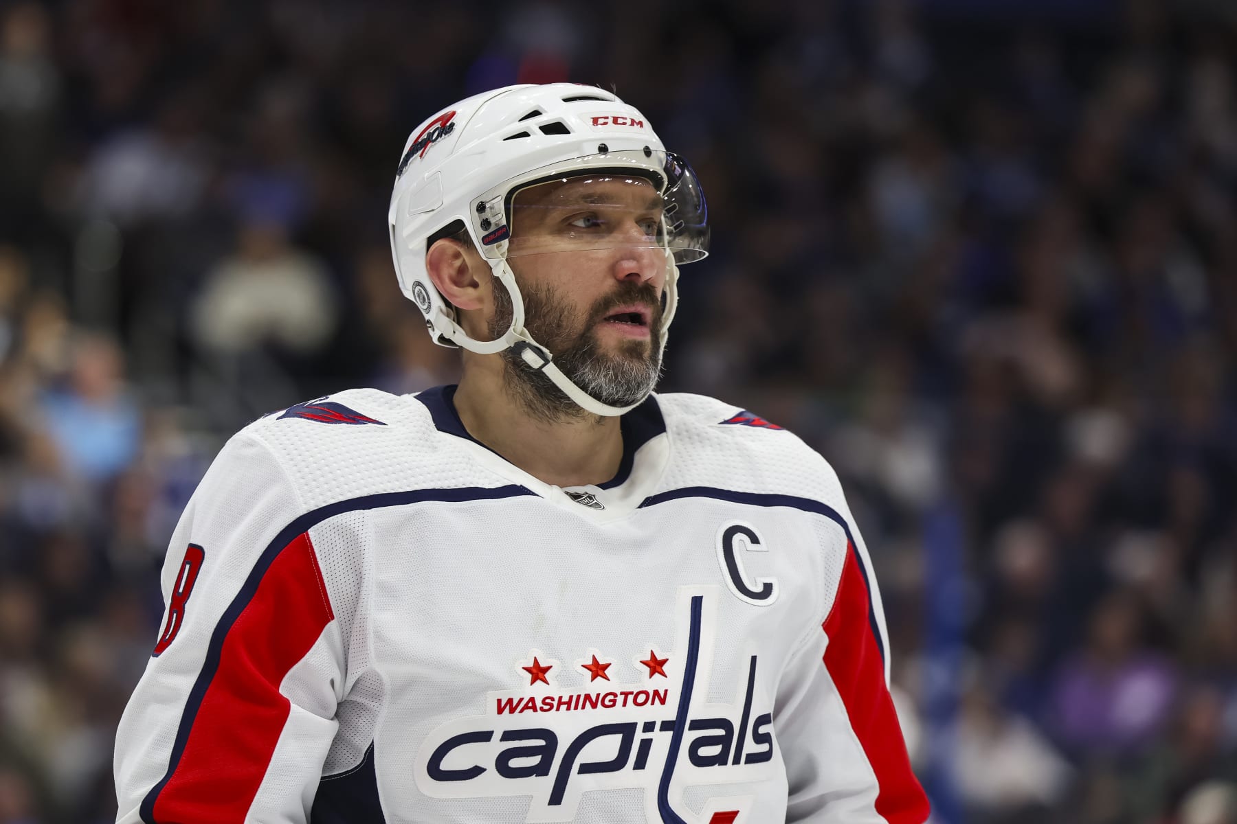 TAMPA, FL - FEBRUARY 22: Alex Ovechkin #8 of the Washington Capitals against the Tampa Bay Lightning during the first period at Amalie Arena on February 22, 2024 in Tampa, Florida. (Photo by Mark LoMoglio/NHLI via Getty Images)