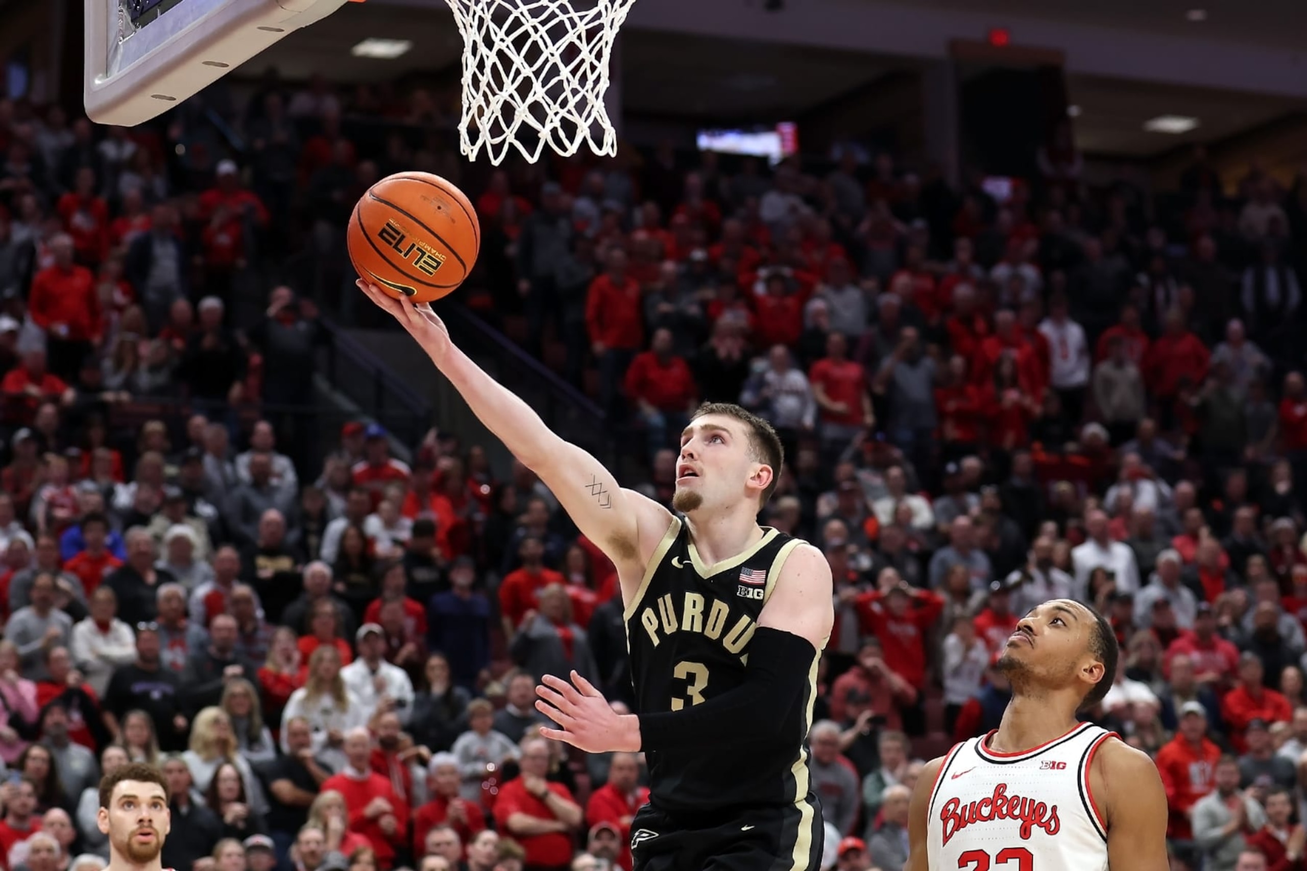 COLUMBUS, OHIO - FEBRUARY 18:  Braden Smith #3 of the Purdue Boilermakers shoots the ball during the game against the Ohio State Buckeyes at Value City Arena on February 18, 2024 in Columbus, Ohio. Ohio State defeated Purdue 73-69. (Photo by Kirk Irwin/Getty Images)