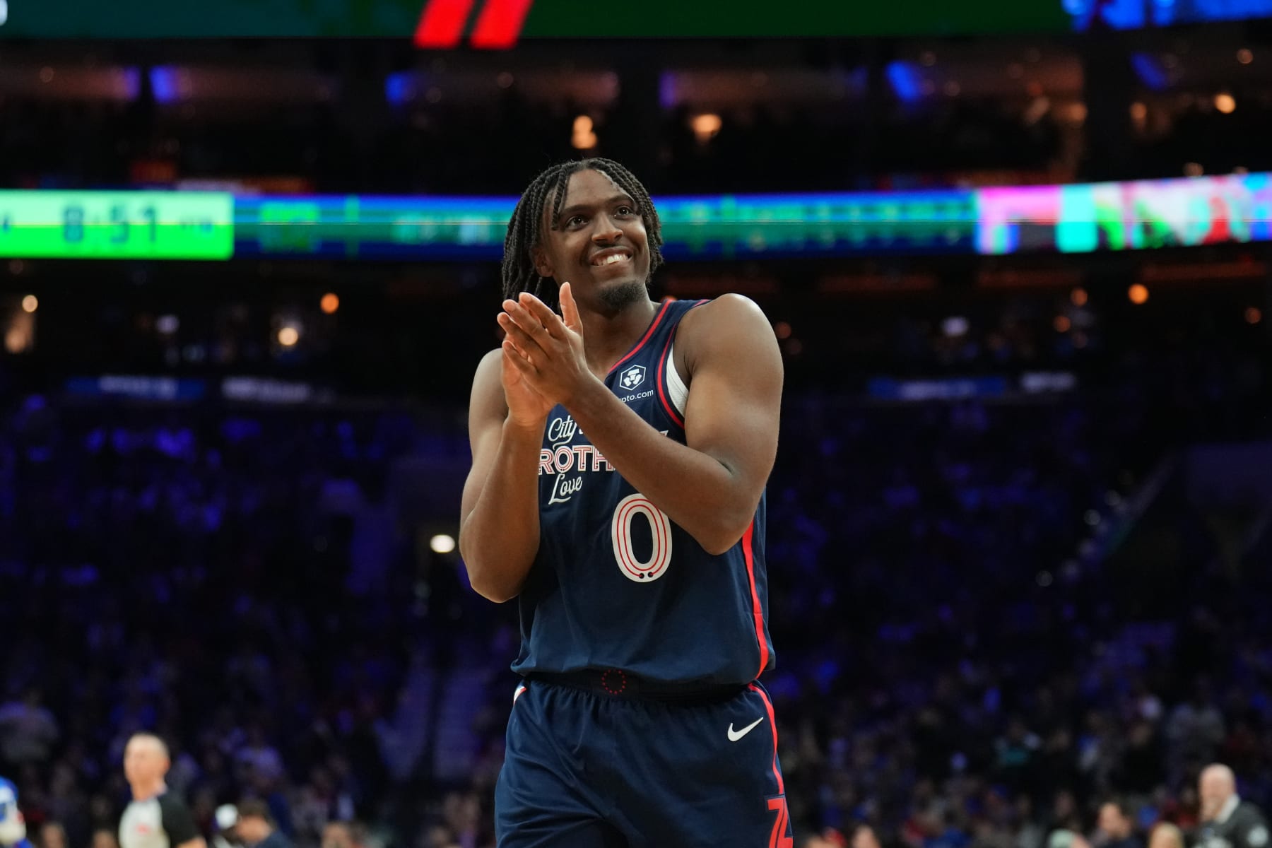 PHILADELPHIA, PA - FEBRUARY 22: Tyrese Maxey #0 of the Philadelphia 76ers celebrates during the game against the New York Knicks on February 22, 2024 at the Wells Fargo Center in Philadelphia, Pennsylvania NOTE TO USER: User expressly acknowledges and agrees that, by downloading and/or using this Photograph, user is consenting to the terms and conditions of the Getty Images License Agreement. Mandatory Copyright Notice: Copyright 2024 NBAE (Photo by Jesse D. Garrabrant/NBAE via Getty Images)