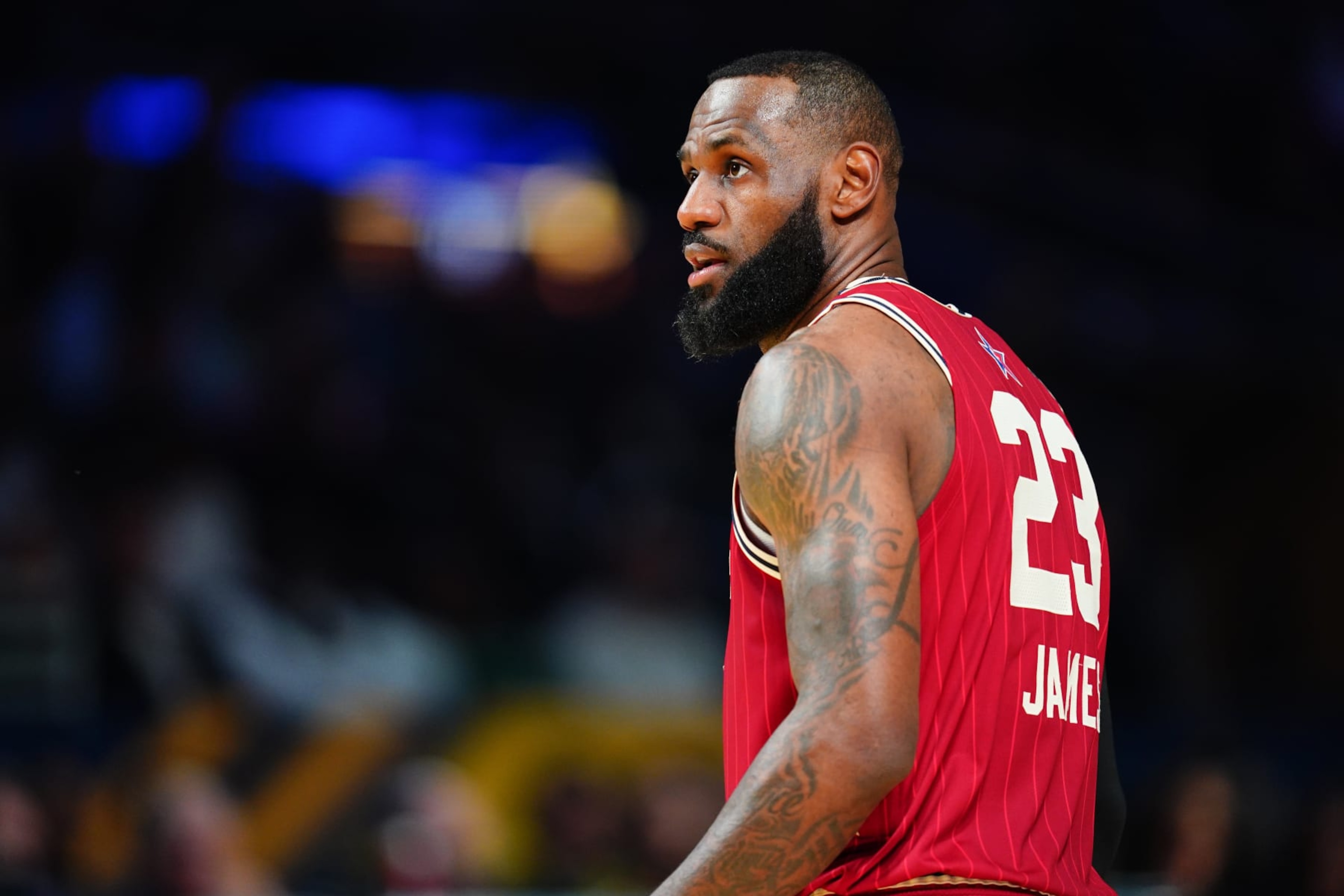 INDIANAPOLIS, IN - FEBRUARY 18: LeBron James #23 of the Western Conference looks on during the game against the Eastern Conference during the NBA All-Star Game as part of NBA All-Star Weekend on Sunday, February 18, 2024 at Gainbridge Fieldhouse in Indianapolis, Indiana. NOTE TO USER: User expressly acknowledges and agrees that, by downloading and/or using this Photograph, user is consenting to the terms and conditions of the Getty Images License Agreement. Mandatory Copyright Notice: Copyright 2024 NBAE (Photo by Catalina Fragoso/NBAE via Getty Images)
