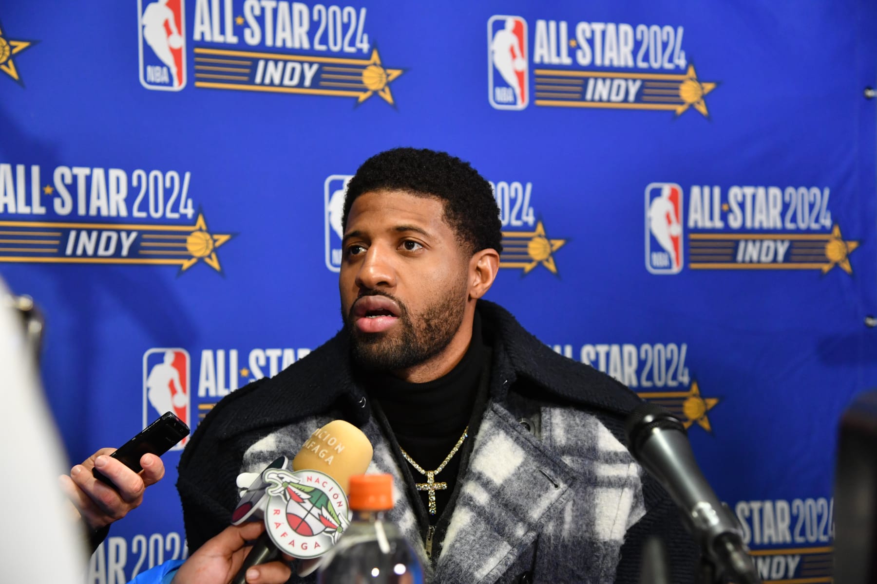INDIANAPOLIS, IN - FEBRUARY 18: Paul George #13 of the LA Clippers talks to the media during the NBA All-Star Game as part of NBA All-Star Weekend on Sunday, February 18, 2024 at Gainbridge Fieldhouse in Indianapolis, Indiana. NOTE TO USER: User expressly acknowledges and agrees that, by downloading and/or using this Photograph, user is consenting to the terms and conditions of the Getty Images License Agreement. Mandatory Copyright Notice: Copyright 2024 NBAE (Photo by Juan Ocampo/NBAE via Getty Images)