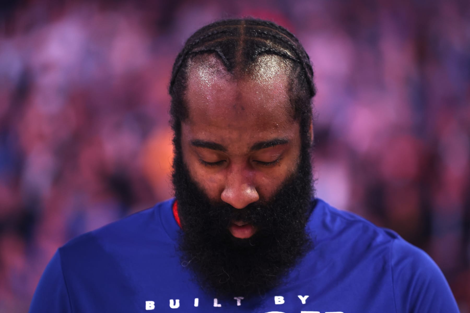 SAN FRANCISCO, CALIFORNIA - FEBRUARY 14: James Harden #1 of the LA Clippers stands for the national anthem before their game against the Golden State Warriors at Chase Center on February 14, 2024 in San Francisco, California. NOTE TO USER: User expressly acknowledges and agrees that, by downloading and or using this photograph, User is consenting to the terms and conditions of the Getty Images License Agreement.  (Photo by Ezra Shaw/Getty Images)