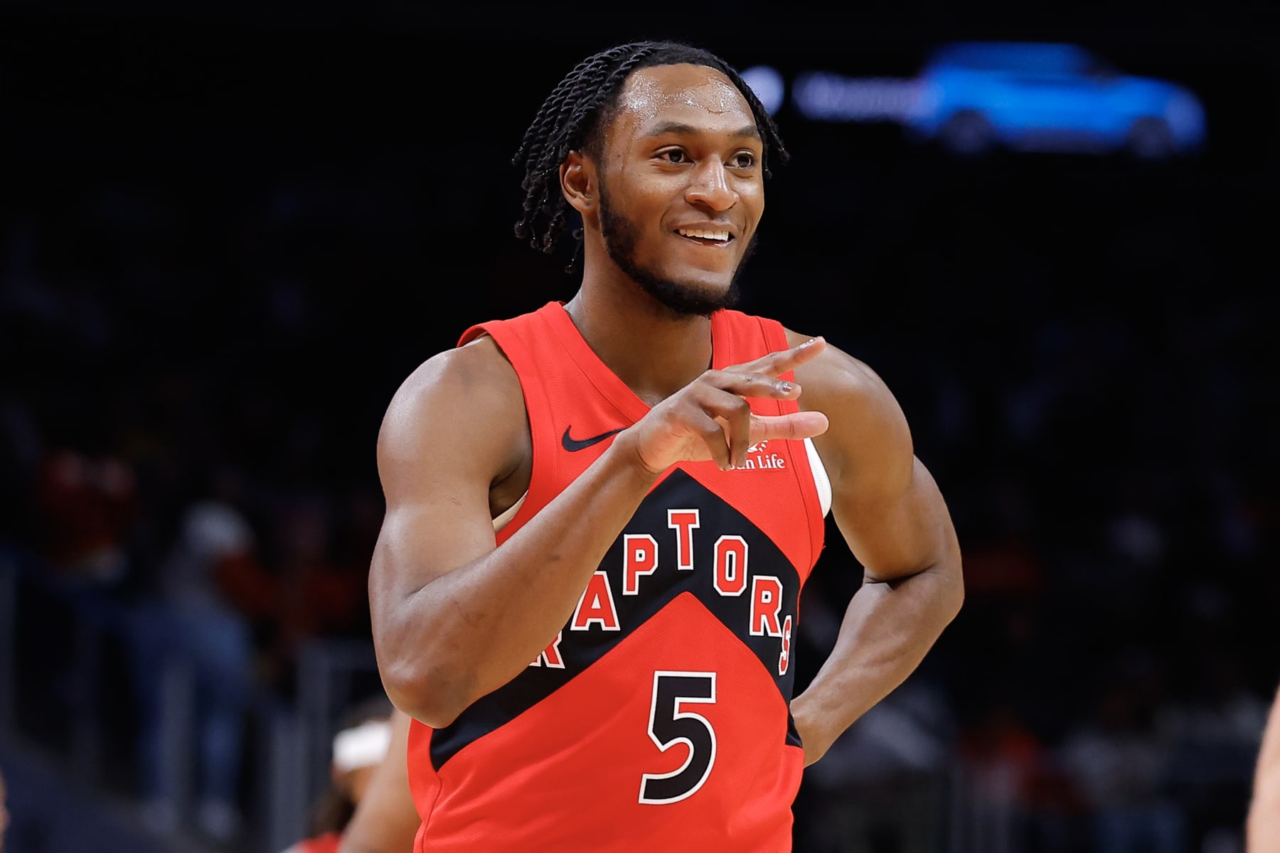 ATLANTA, GEORGIA - FEBRUARY 23: Immanuel Quickley #5 of the Toronto Raptors reacts after a three pointer during the first quarter against the Atlanta Hawks at State Farm Arena on February 23, 2024 in Atlanta, Georgia. NOTE TO USER: User expressly acknowledges and agrees that, by downloading and or using this photograph, User is consenting to the terms and conditions of the Getty Images License Agreement. (Photo by Todd Kirkland/Getty Images)