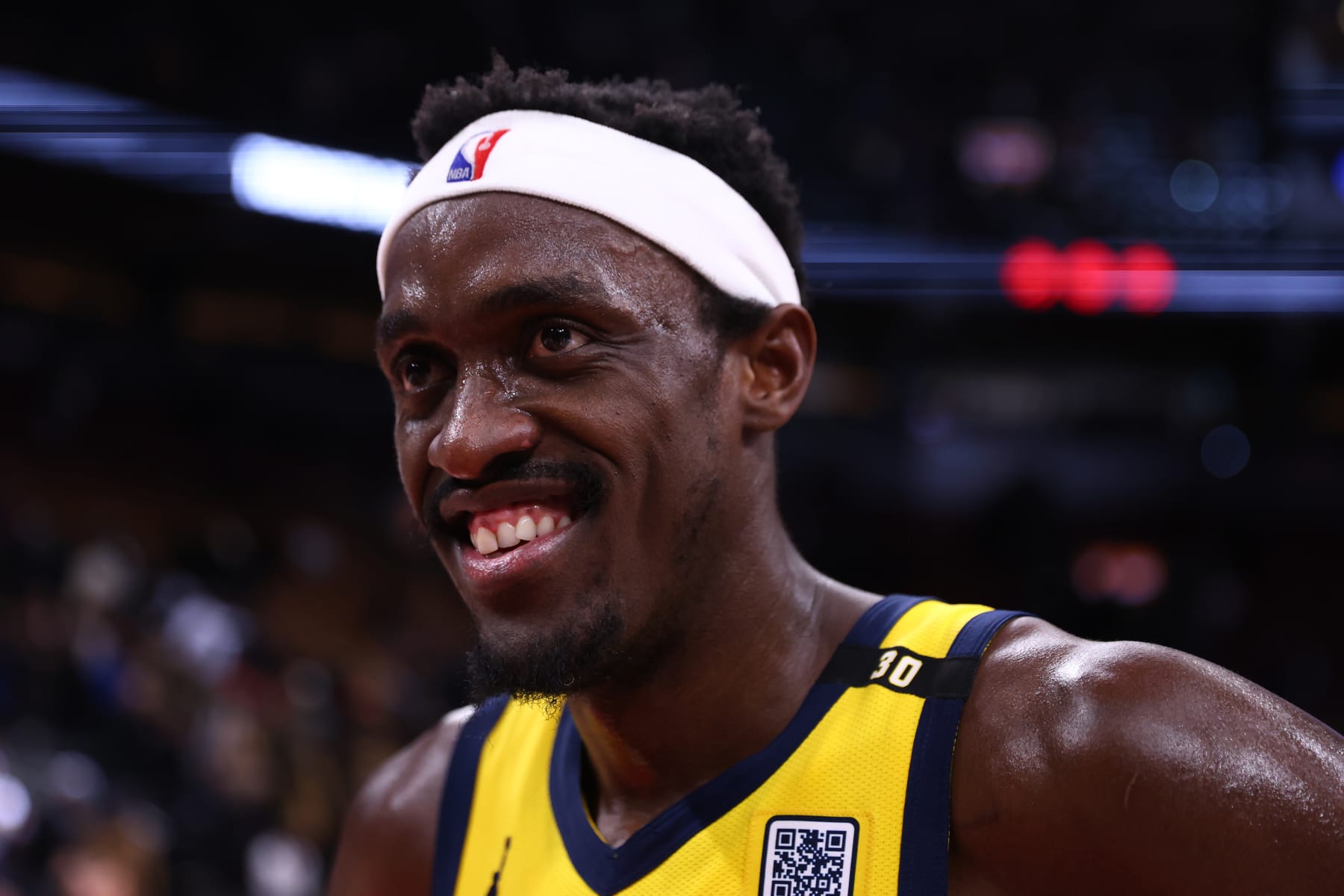 TORONTO, CANADA - FEBRUARY 14: Pascal Siakam #43 of the Indiana Pacers smiles after the game against the Toronto Raptors on February 14, 2024 at the Scotiabank Arena in Toronto, Ontario, Canada.  NOTE TO USER: User expressly acknowledges and agrees that, by downloading and or using this Photograph, user is consenting to the terms and conditions of the Getty Images License Agreement.  Mandatory Copyright Notice: Copyright 2024 NBAE (Photo by Vaughn Ridley/NBAE via Getty Images)