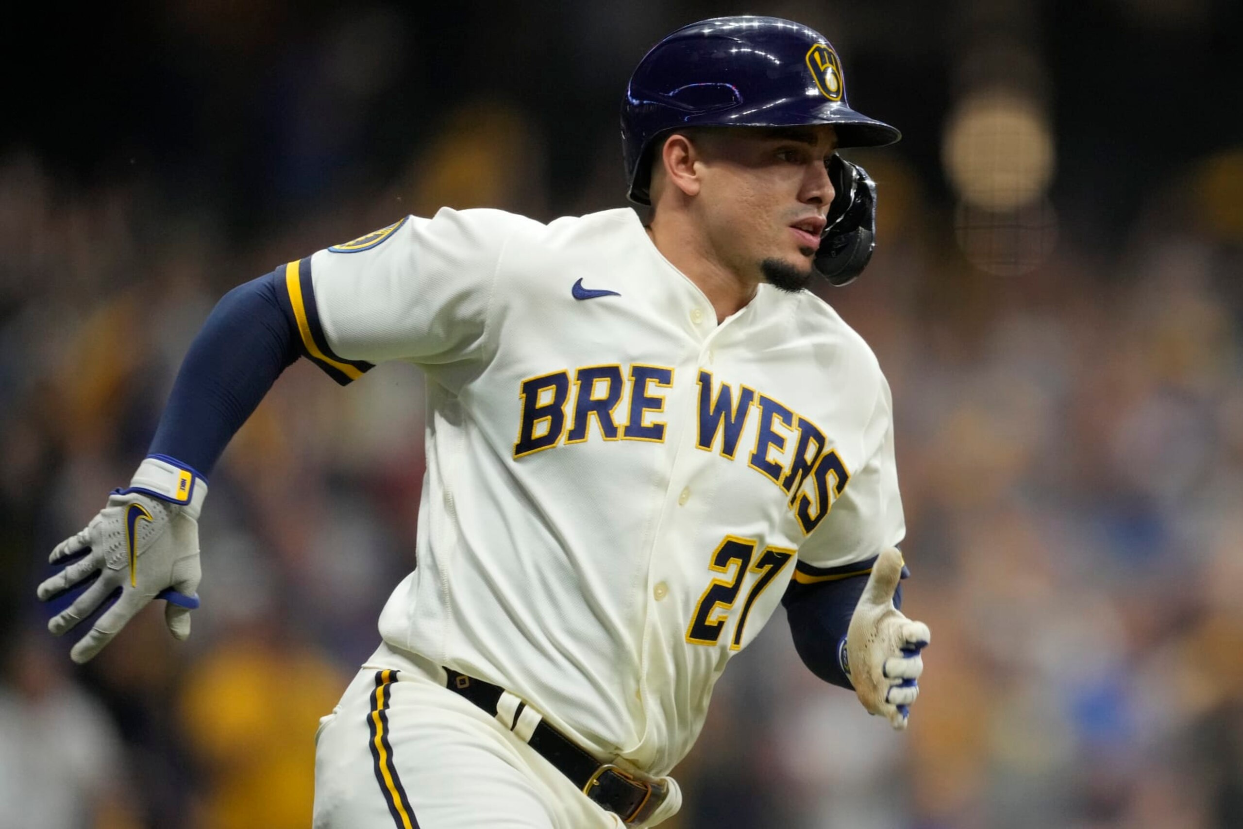 MILWAUKEE, WISCONSIN - OCTOBER 04: Willy Adames #27 of the Milwaukee Brewers singles during the first inning against the Arizona Diamondbacks during Game Two of the Wild Card Series at American Family Field on October 04, 2023 in Milwaukee, Wisconsin. (Photo by Patrick McDermott/Getty Images)