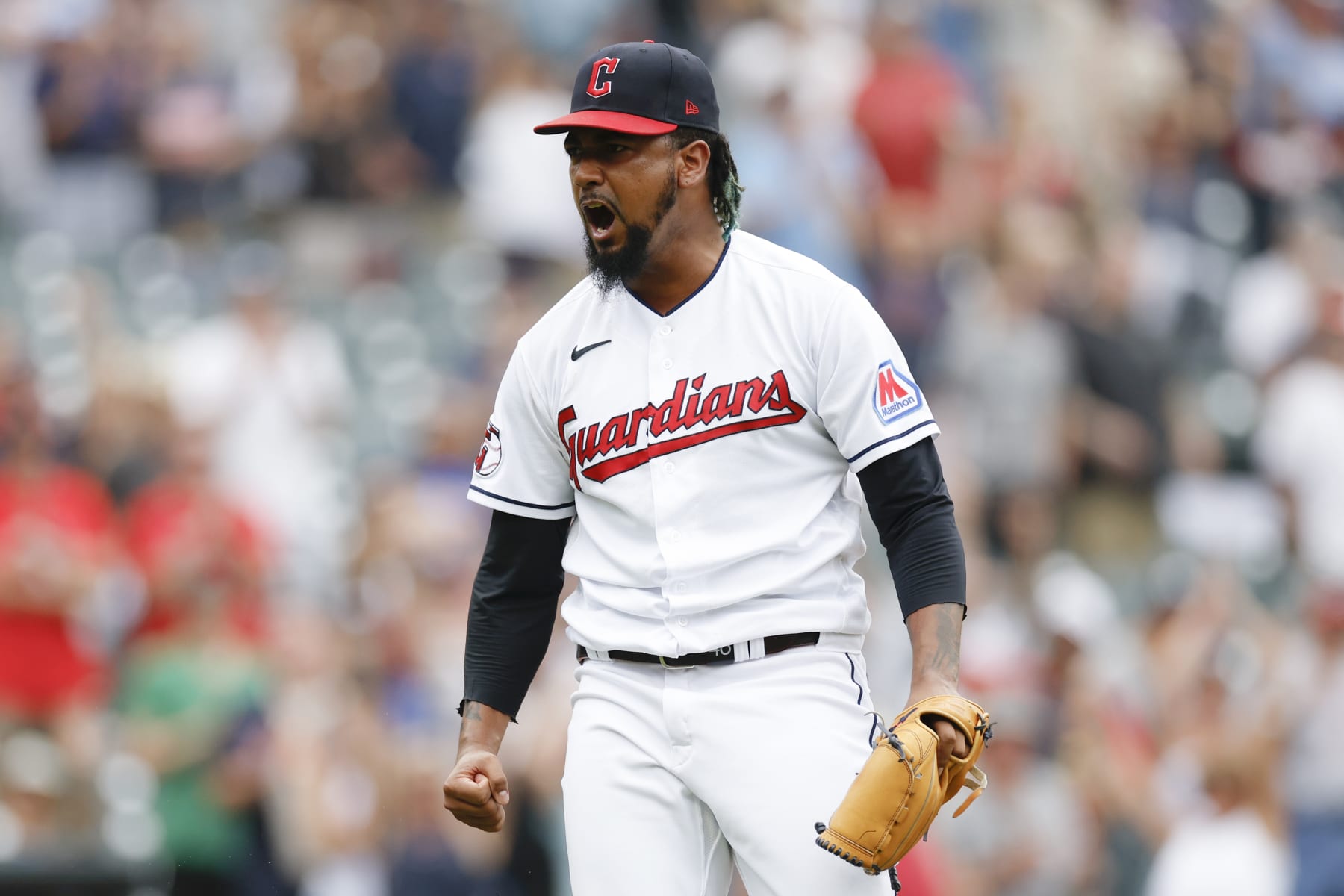 CLEVELAND, OH - SEPTEMBER 06: Emmanuel Clase #48 of the Cleveland Guardians celebrates a 2-1 win against the Minnesota Twins at Progressive Field on September 06, 2023 in Cleveland, Ohio. (Photo by Ron Schwane/Getty Images)