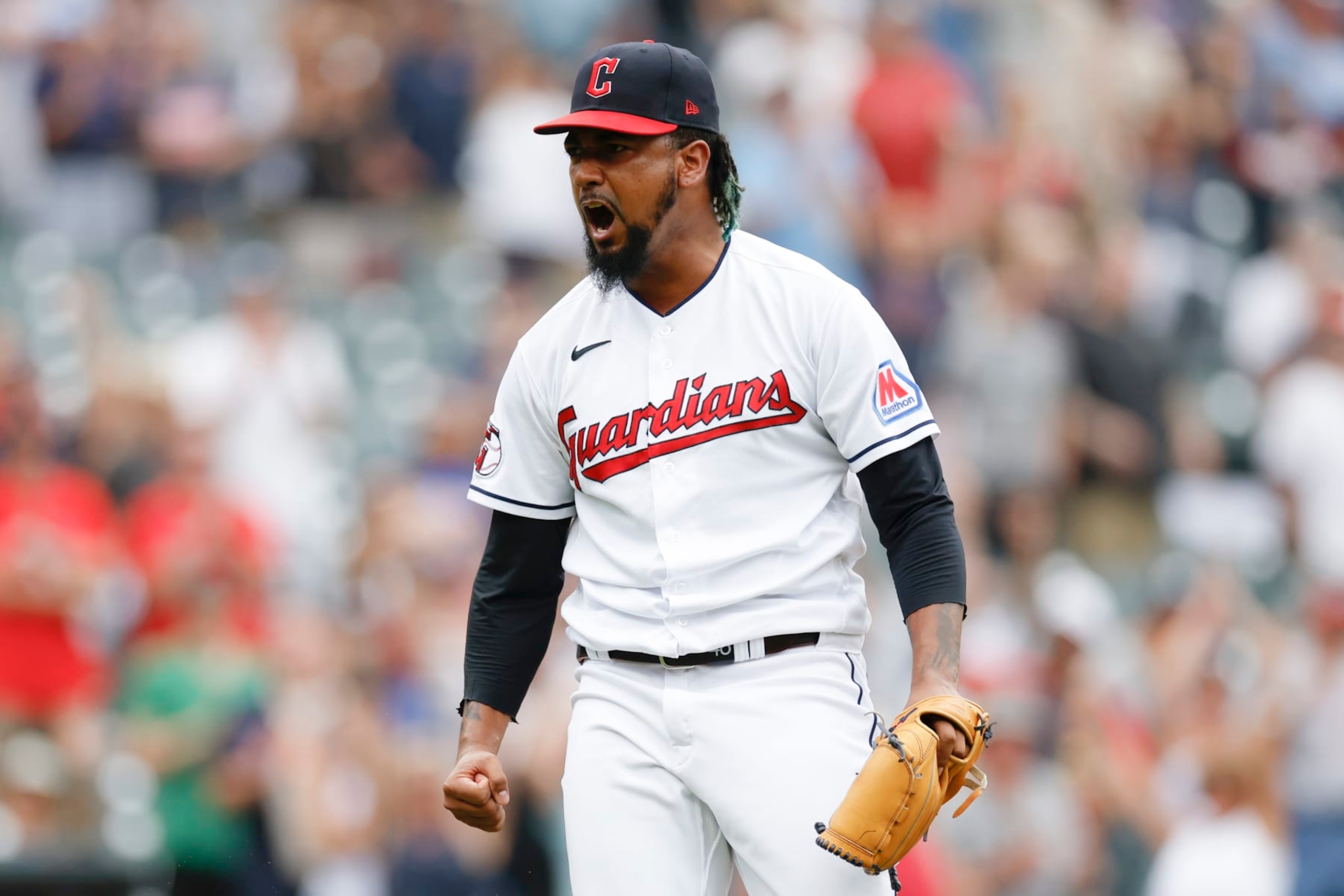 CLEVELAND, OH - SEPTEMBER 06: Emmanuel Clase #48 of the Cleveland Guardians celebrates a 2-1 win against the Minnesota Twins at Progressive Field on September 06, 2023 in Cleveland, Ohio. (Photo by Ron Schwane/Getty Images)