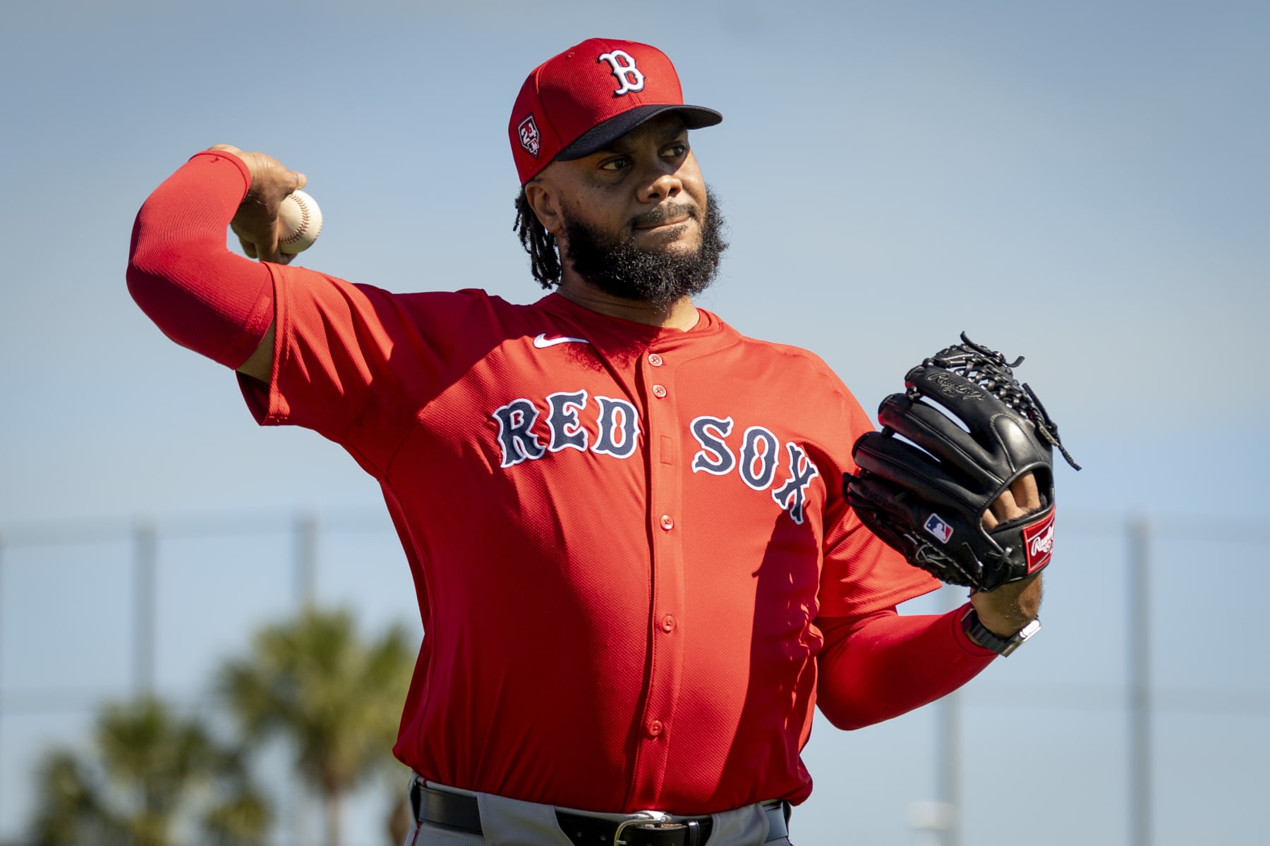 FORT MYERS, FLORIDA - FEBRUARY 22: Kenley Jansen #74 of the Boston Red Sox throws during a Spring Training team workout  at JetBlue Park at Fenway South on February 22, 2024 in Fort Myers, Florida. (Photo by Maddie Malhotra/Boston Red Sox/Getty Images)