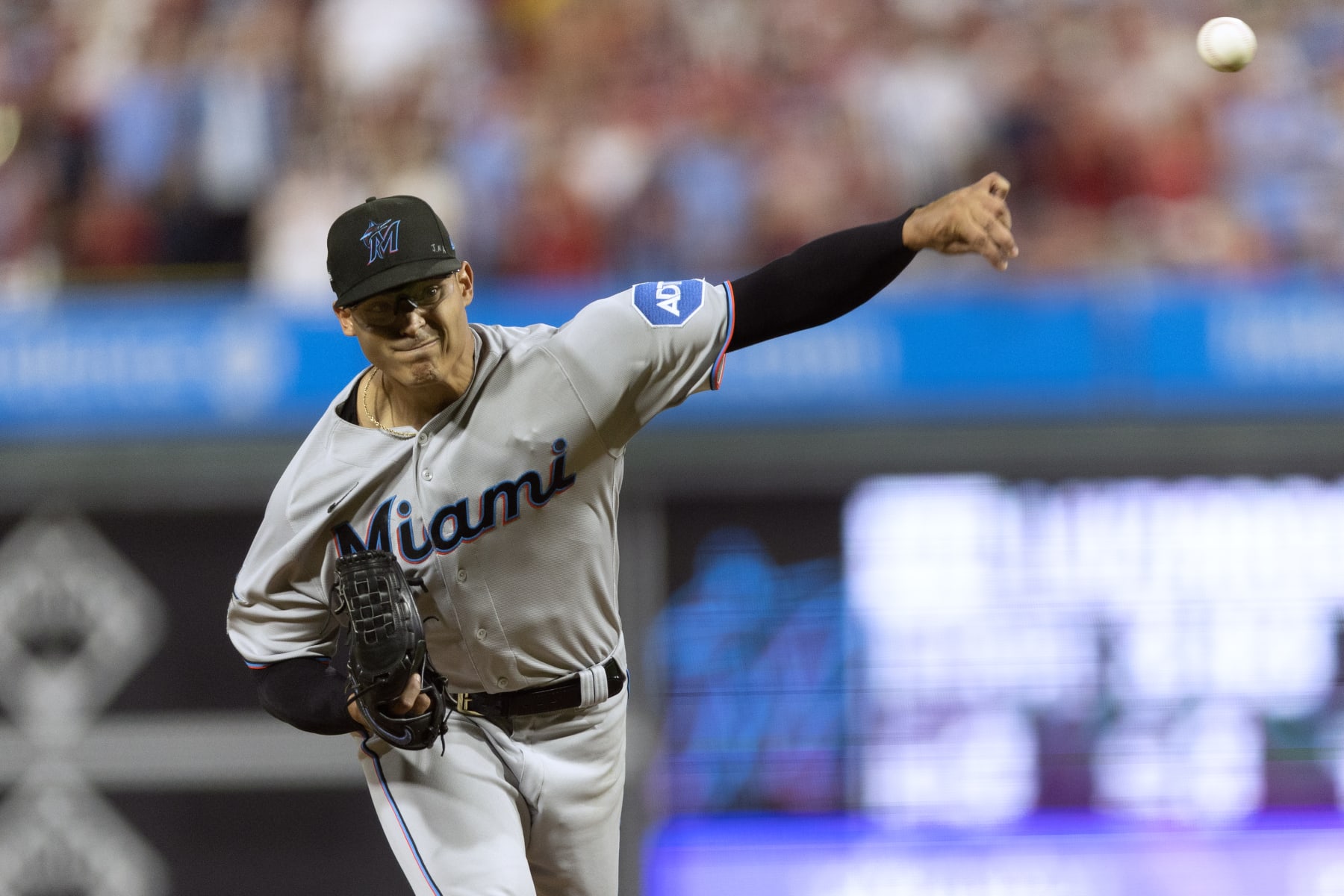 PHILADELPHIA, PA - OCTOBER 03: Jesús Luzardo #44 of the Miami Marlins pitches during Game 1 of the Wild Card Series between the Miami Marlins and the Philadelphia Phillies at Citizens Bank Park on Tuesday, October 3, 2023 in Philadelphia, Pennsylvania. (Photo by Rob Tringali/MLB Photos via Getty Images)