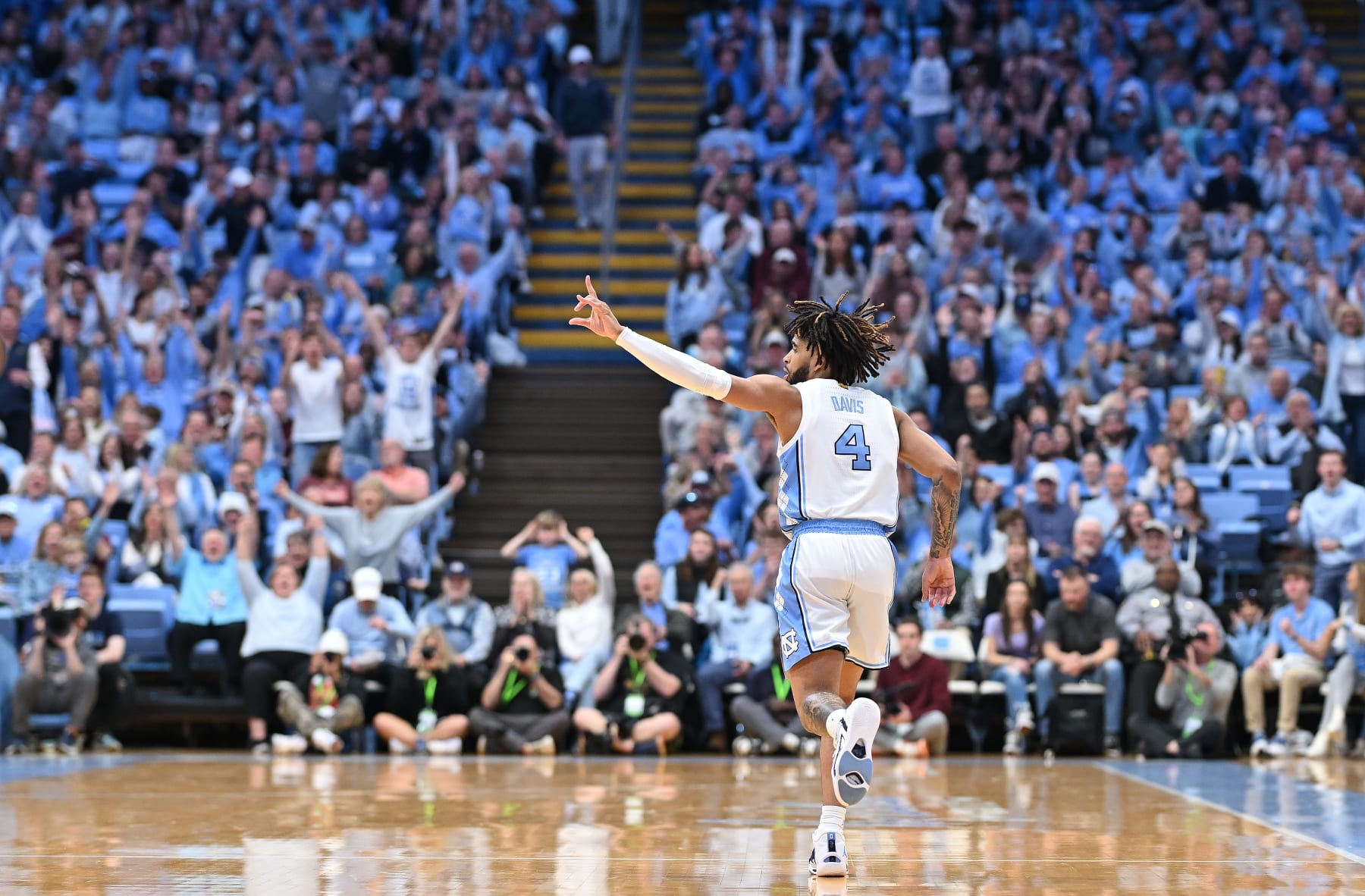 CHAPEL HILL, NORTH CAROLINA - FEBRUARY 17: RJ Davis #4 of the North Carolina Tar Heels reacts after making a three-point basket against the Virginia Tech Hokies during the game at the Dean E. Smith Center on February 17, 2024 in Chapel Hill, North Carolina. The Tar Heels won 96-81. (Photo by Grant Halverson/Getty Images)