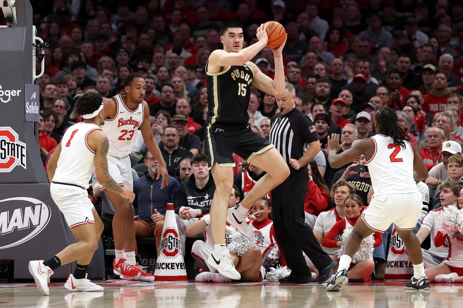 COLUMBUS, OHIO - FEBRUARY 18:  Zach Edey #15 of the Purdue Boilermakers controls the ball during the game against the Ohio State Buckeyes at Value City Arena on February 18, 2024 in Columbus, Ohio. (Photo by Kirk Irwin/Getty Images)