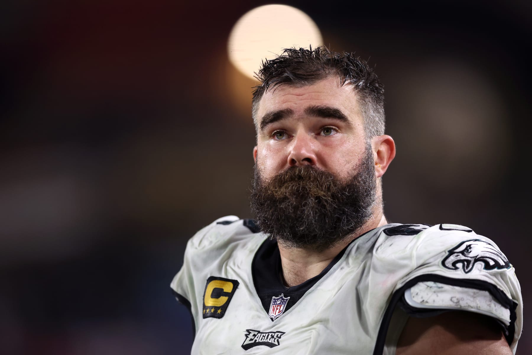 TAMPA, FL - January 15: Jason Kelce #62 of the Philadelphia Eagles stands on the sideline during the second half NFC Wild Card playoff game against the Tampa Bay Buccaneers at Raymond James Stadium on January 15, 2024 in Tampa, Florida. (Photo by Perry Knotts/Getty Images)