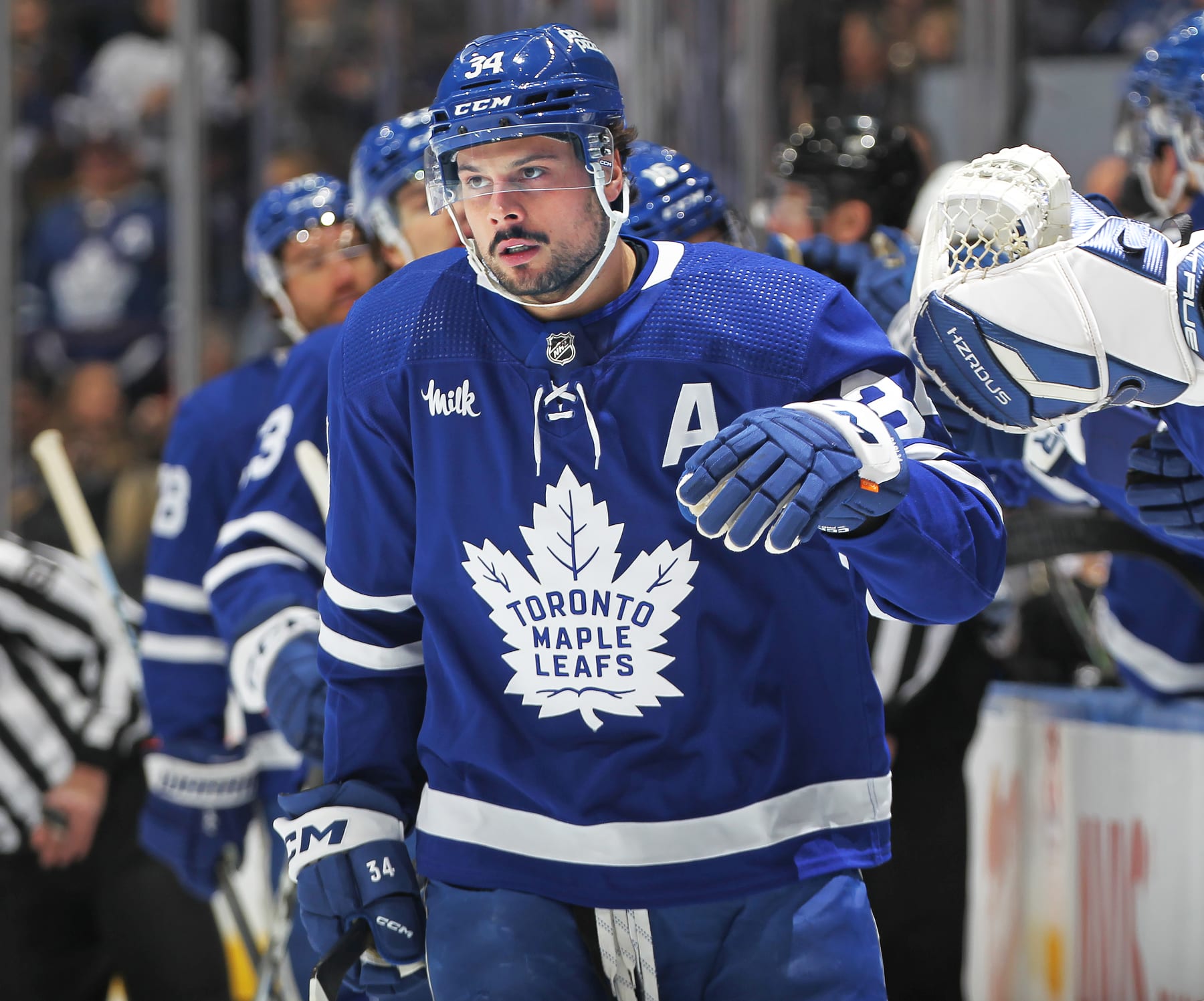 TORONTO, CANADA - FEBRUARY 17:  Auston Matthews #34 of the Toronto Maple Leafs celebrates a goal against the Anaheim Ducks during the first period in an NHL game at Scotiabank Arena on February 17, 2024 in Toronto, Ontario, Canada. The Maple Leafs defeated the Ducks 9-2. (Photo by Claus Andersen/Getty Images)