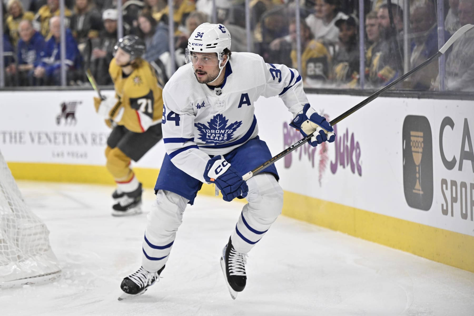 LAS VEGAS, NEVADA - FEBRUARY 22: Auston Matthews #34 of the Toronto Maple Leafs skates during the first period against the Vegas Golden Knights at T-Mobile Arena on February 22, 2024 in Las Vegas, Nevada. (Photo by David Becker/NHLI via Getty Images)