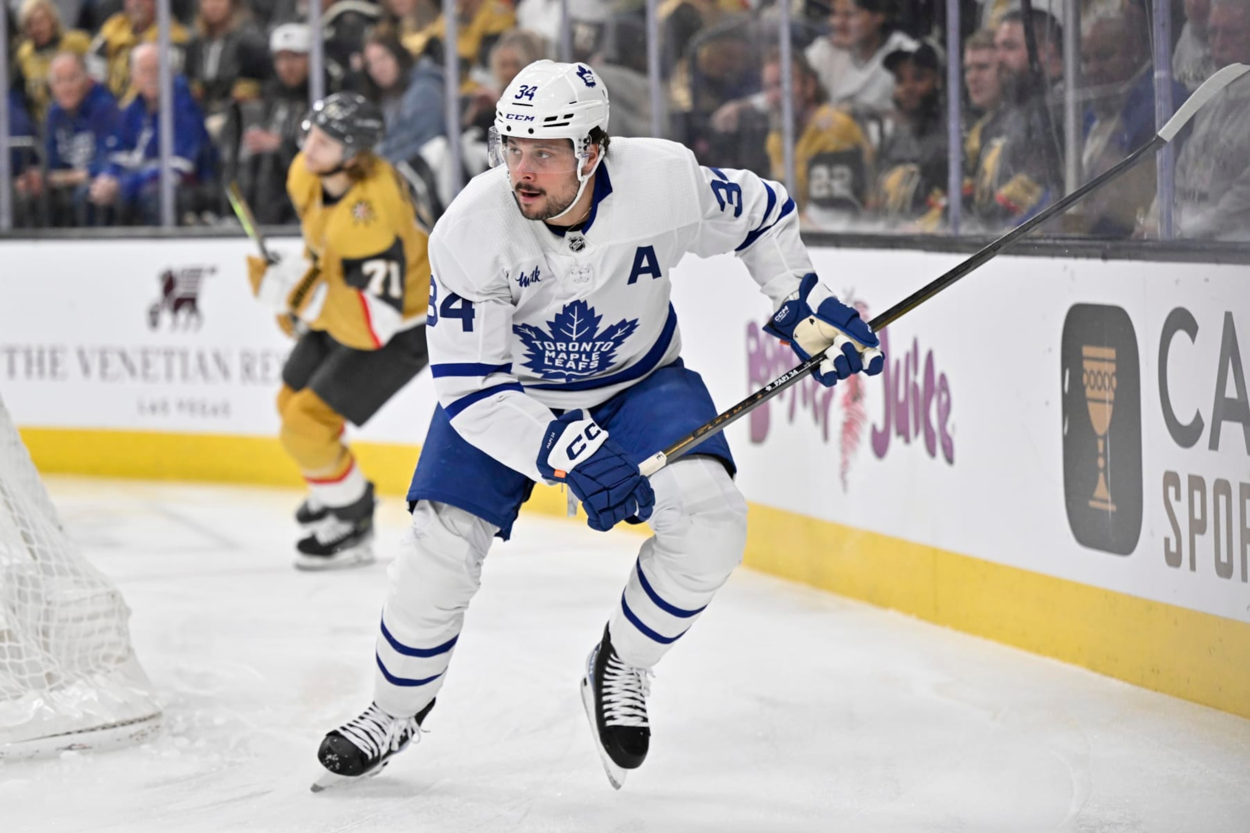 LAS VEGAS, NEVADA - FEBRUARY 22: Auston Matthews #34 of the Toronto Maple Leafs skates during the first period against the Vegas Golden Knights at T-Mobile Arena on February 22, 2024 in Las Vegas, Nevada. (Photo by David Becker/NHLI via Getty Images)